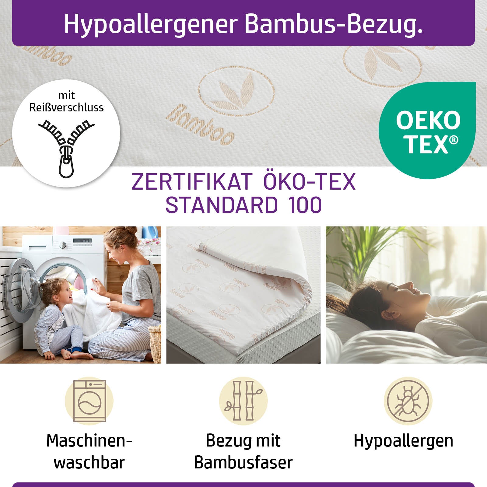 Weißer Matratzen Topper 140x200 mit hypoallergenem Bambus-Bezug und Reißverschluss.