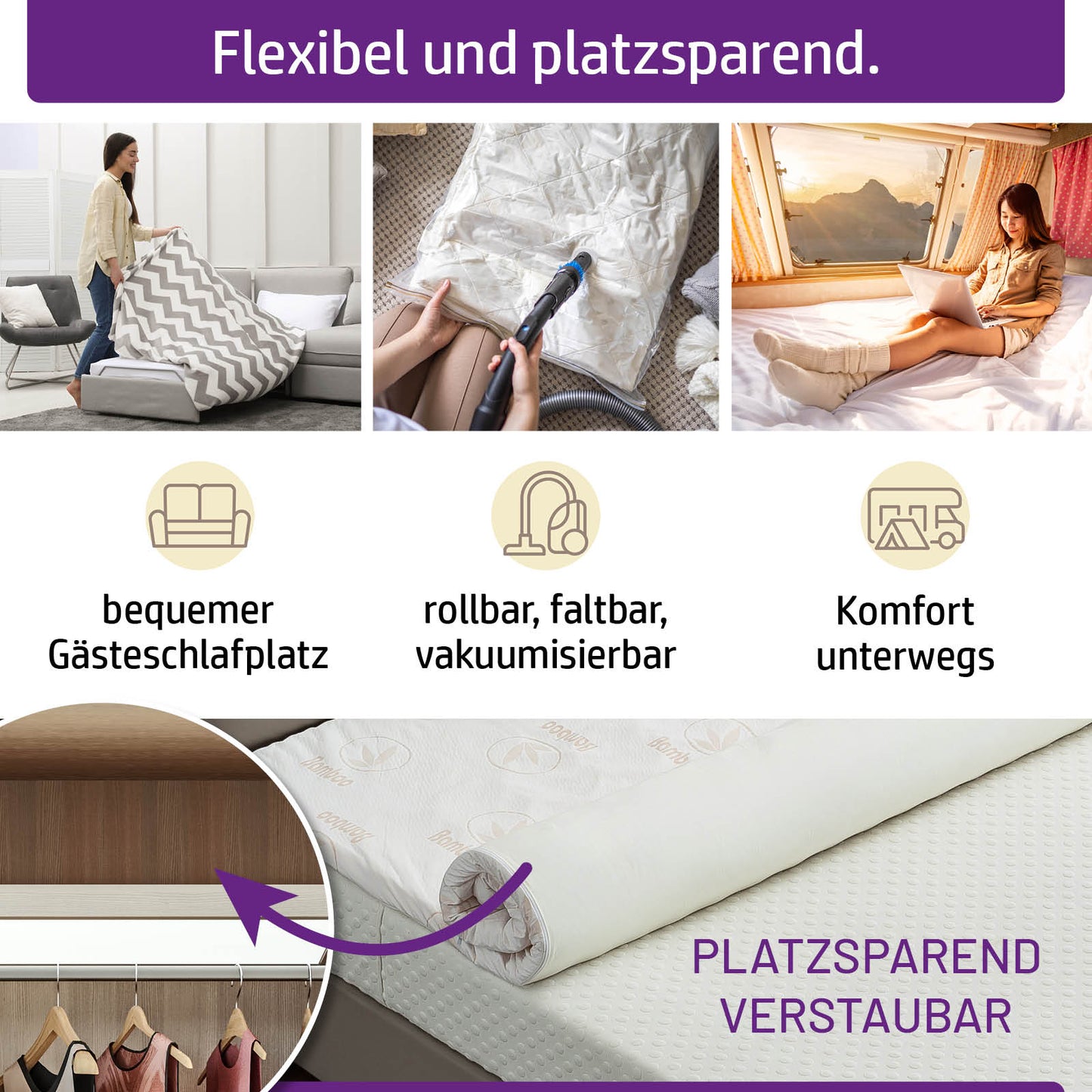 Weiß-grauer Matratzen Topper 80x200 mit 13-Zonen Memoryschaum, rollbar und platzsparend.