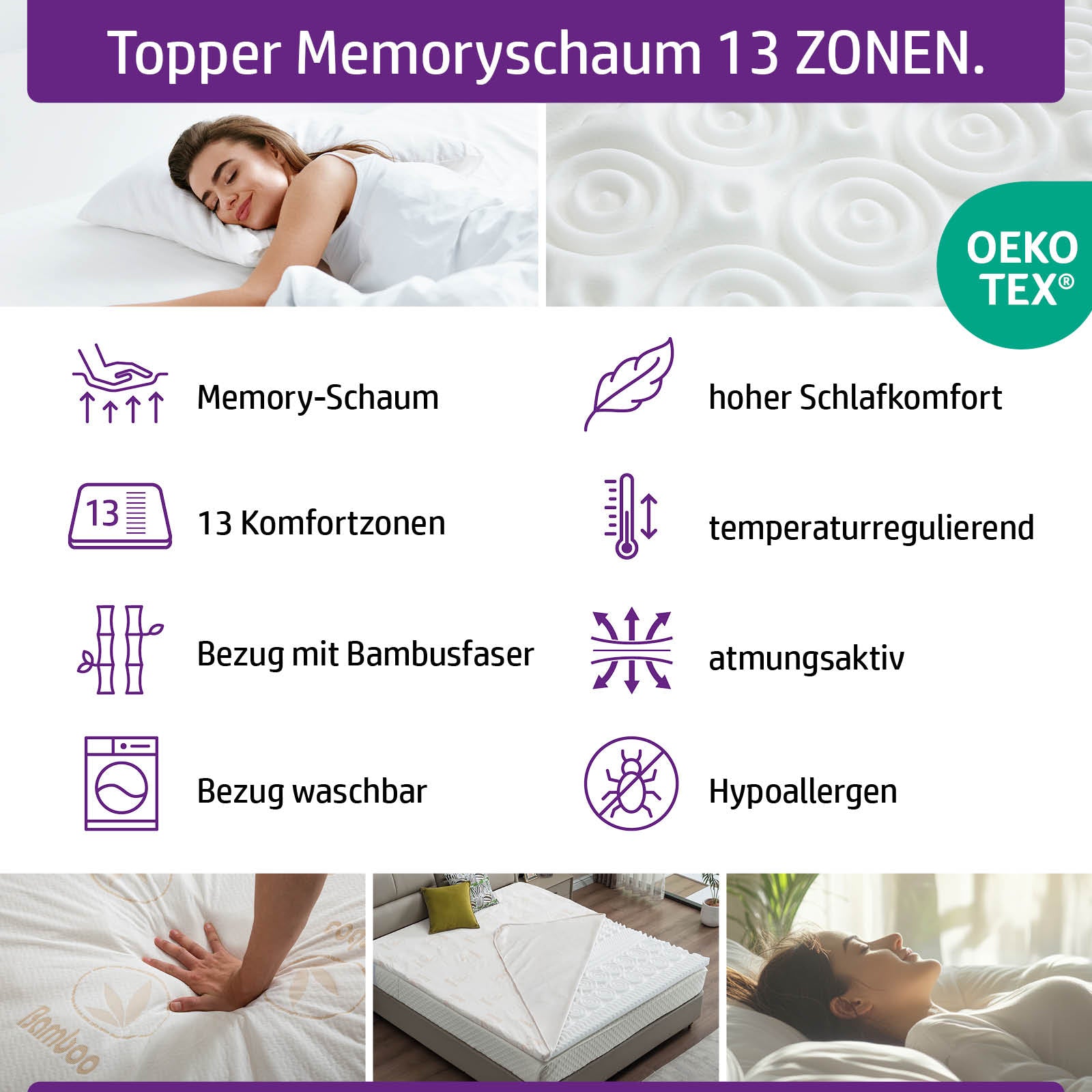 Weißer Matratzentopper 160x200 aus Memory-Schaum mit Bezug, 13 Zonen, atmungsaktiv und temperaturregulierend.
