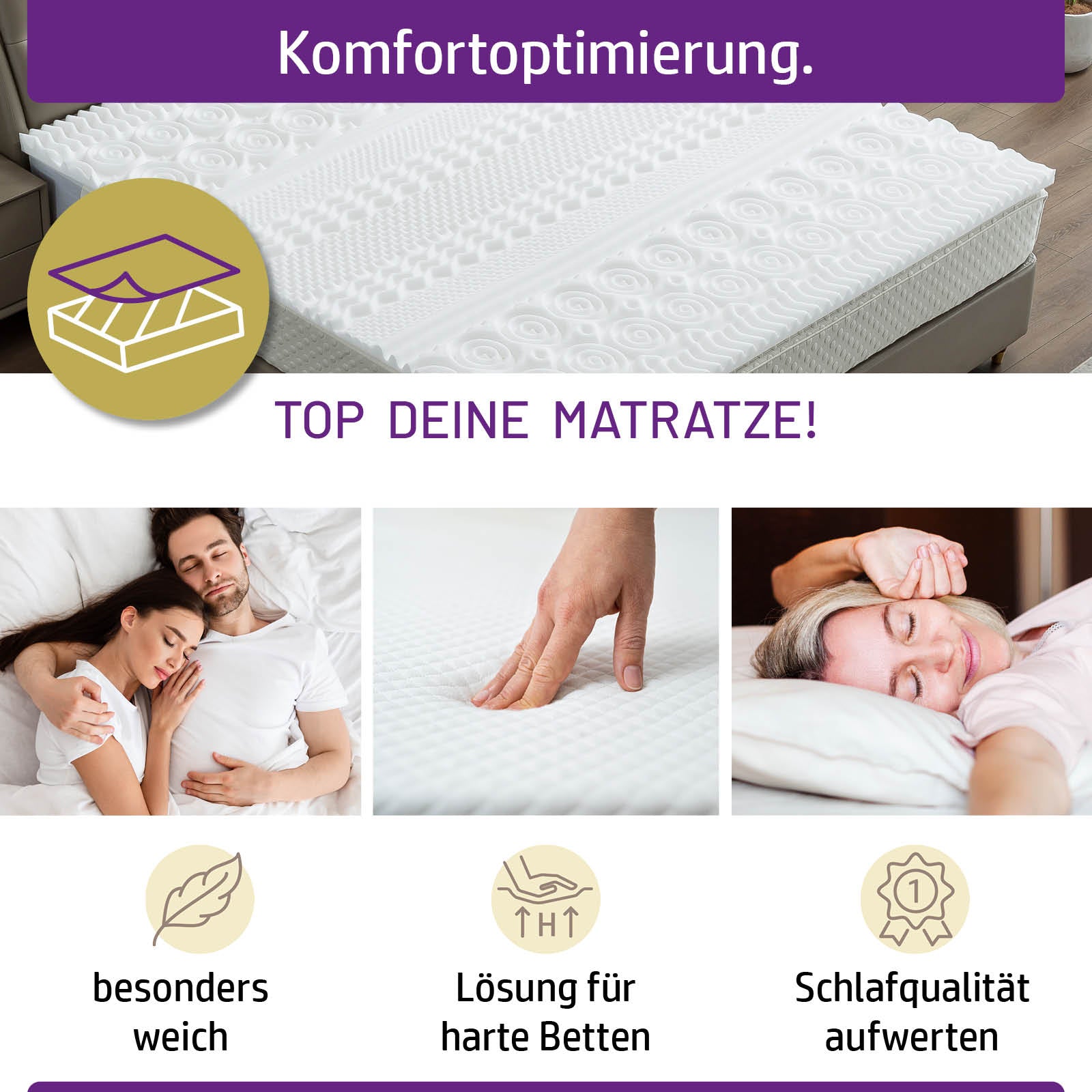 Weißer 13-Zonen Memory-Schaum Topper auf Matratze, atmungsaktiv und komfortabel für besseren Schlaf.