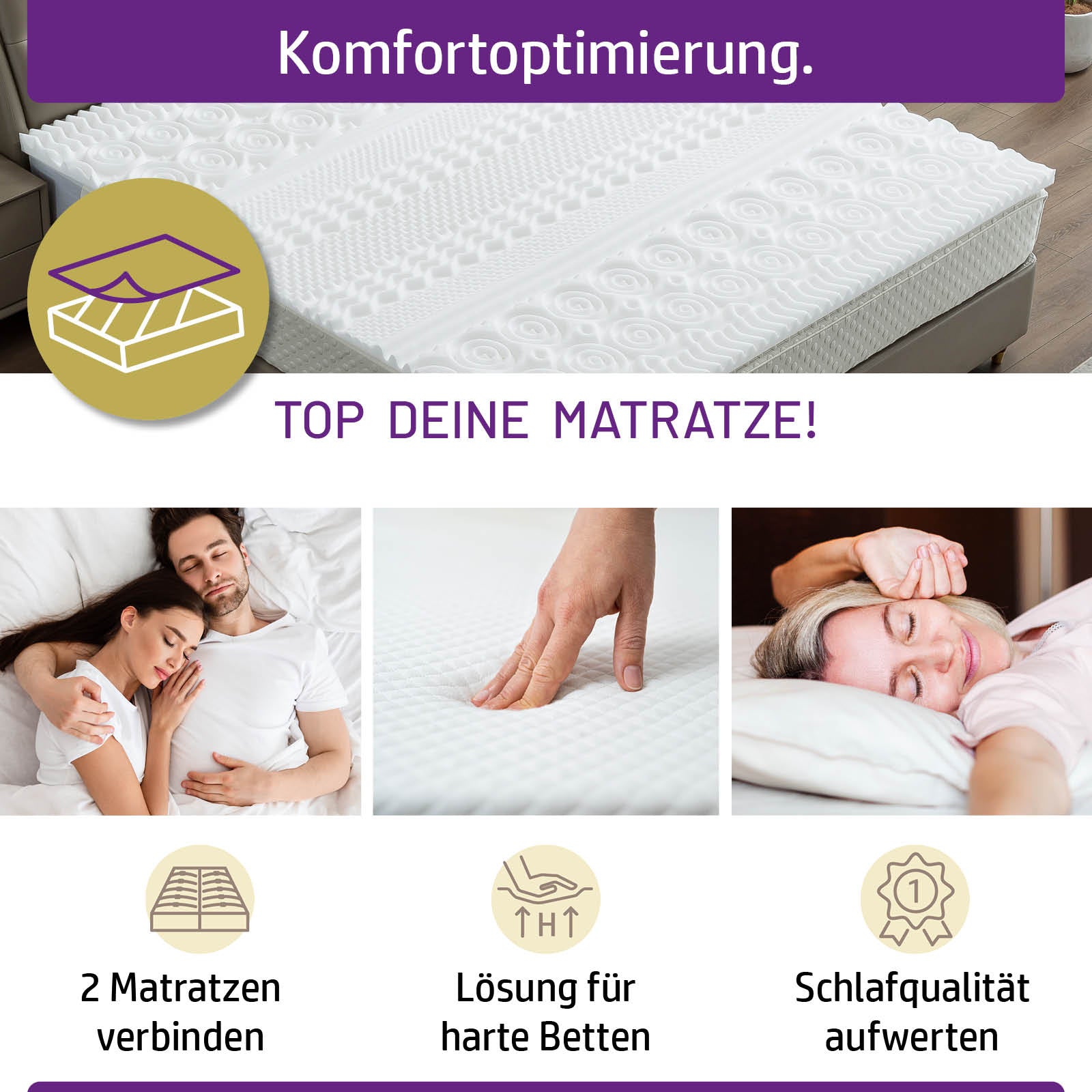 Weißer 13-Zonen Memory-Schaum Topper 180x200 als Matratzen Topping für verbesserten Schlafkomfort.