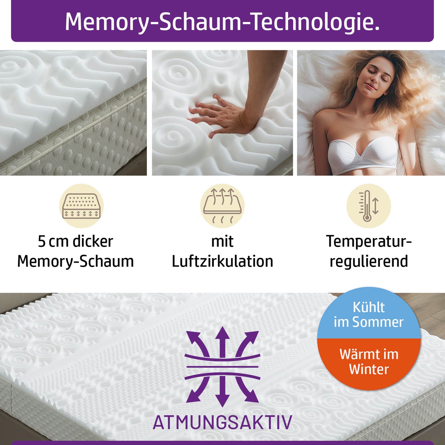 Weiße Matratzen Topper mit 13 Zonen aus 5 cm Memory Schaum, atmungsaktiv und temperaturregulierend, ideal als Bett Topper.