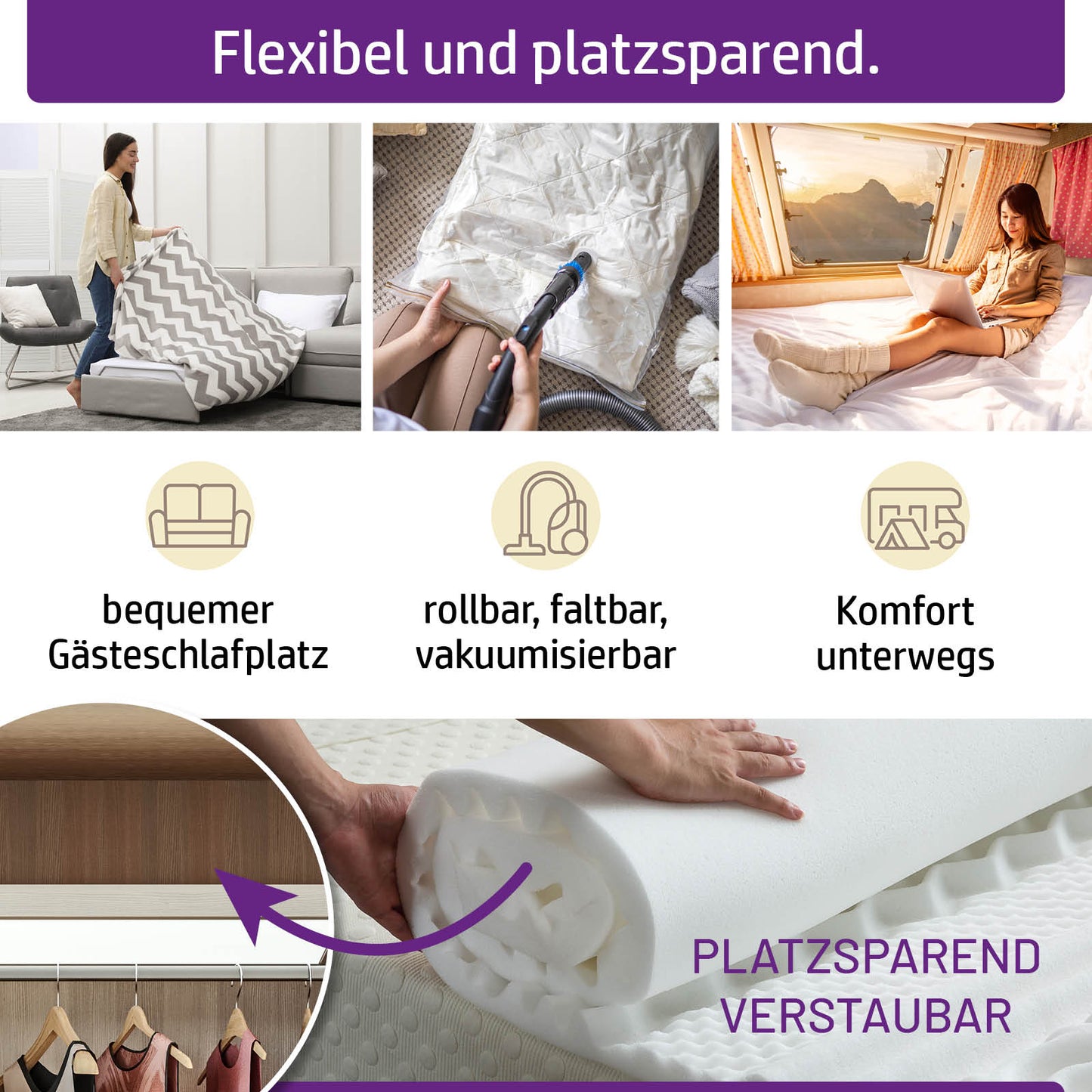 Weißer 13-Zonen Memory-Schaum Topper 140x190, atmungsaktiv und platzsparend gefaltet als Matratzen Topper.