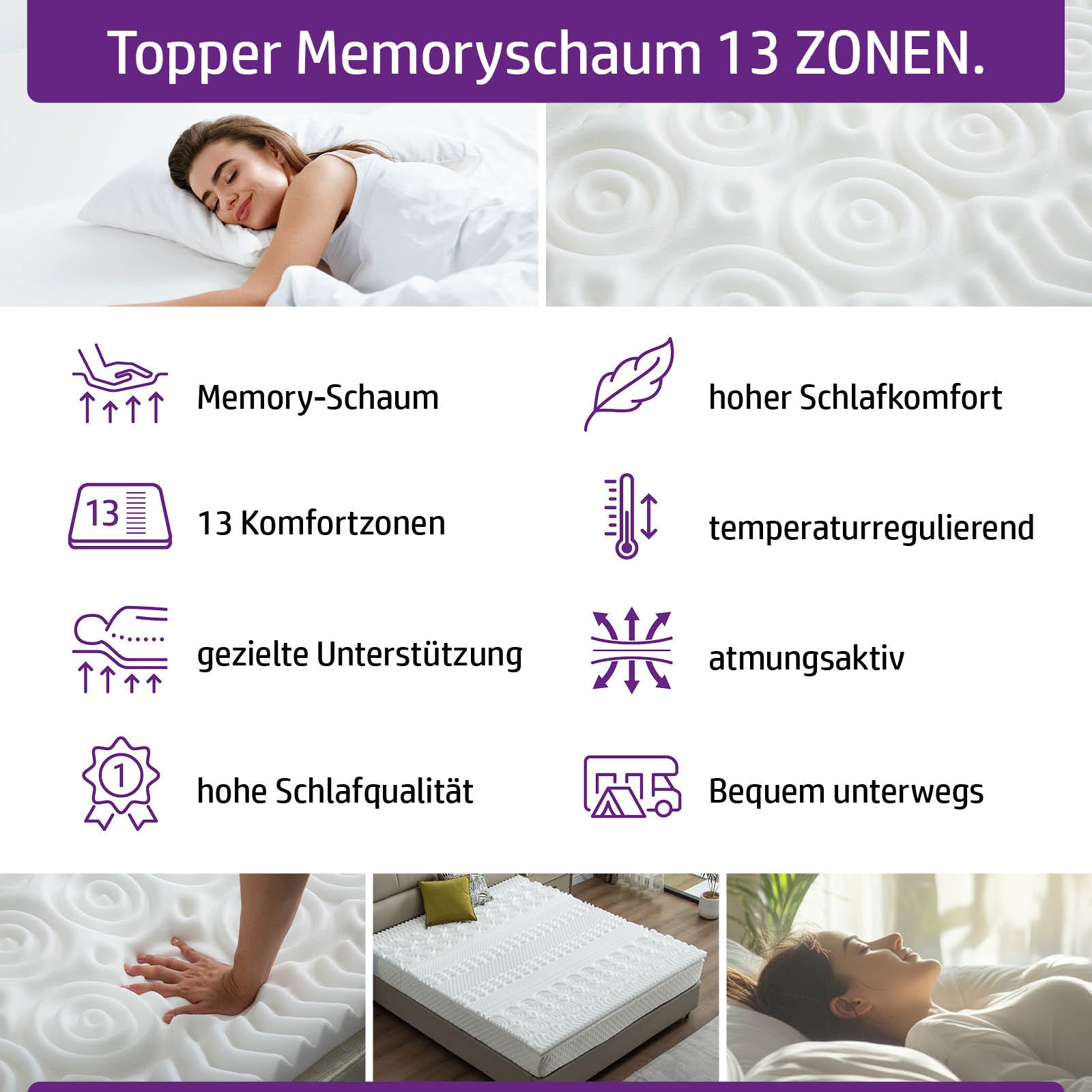 Weißer Matratzen Topper aus Memory Schaum mit 13-Zonen-Unterstützung, atmungsaktiv und temperaturregulierend.