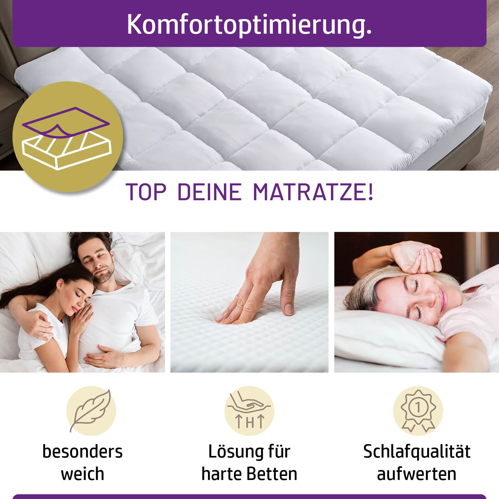 Weißer Matratzen Topper 7 cm dick mit Steppung, ideal als Matratzen Topping für besseren Schlafkomfort.