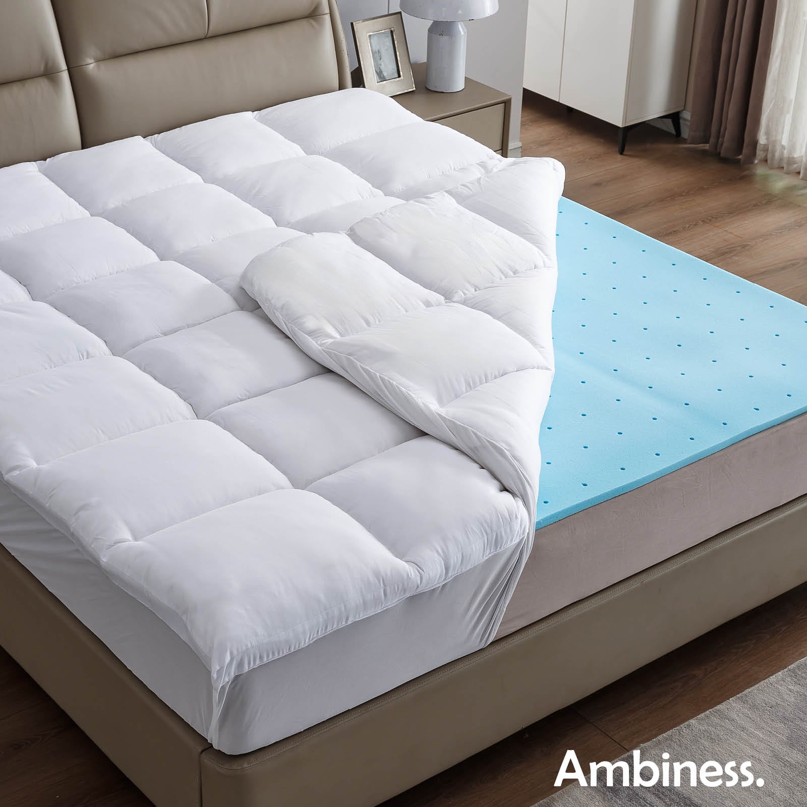 Weißer Matratzen Topper mit Steppung und blauer Gelschaumauflage, 7 cm dick, 90x200 cm Bett Topper.