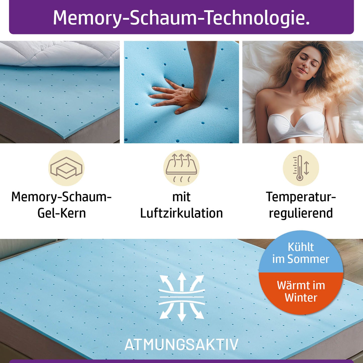Weißer Matratzentopper 7cm mit Memory-Schaum-Gel-Kern und atmungsaktiver Oberfläche, Matratzen Topper für bessere.