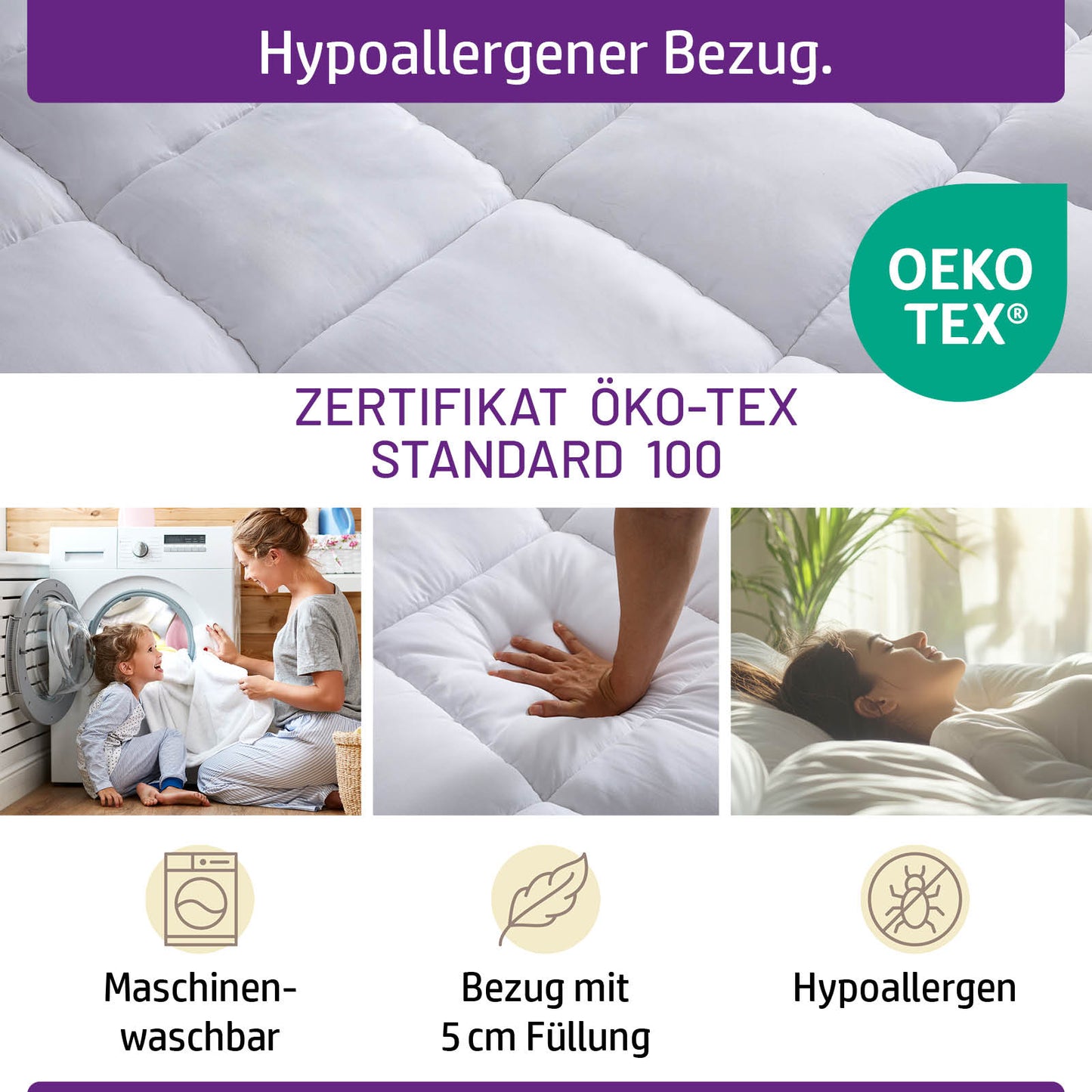 Weißer, 7 cm hoher Matratzen Topper mit hypoallergener, gestepptem Öko-Tex Bezug, maschinenwaschbar, atmungsaktiv.