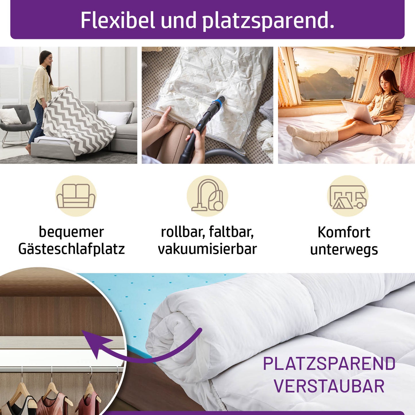 Weißer Gelschaum Topper 7 cm als platzsparender, rollbarer Matratzen Topper für unterwegs und Gäste.