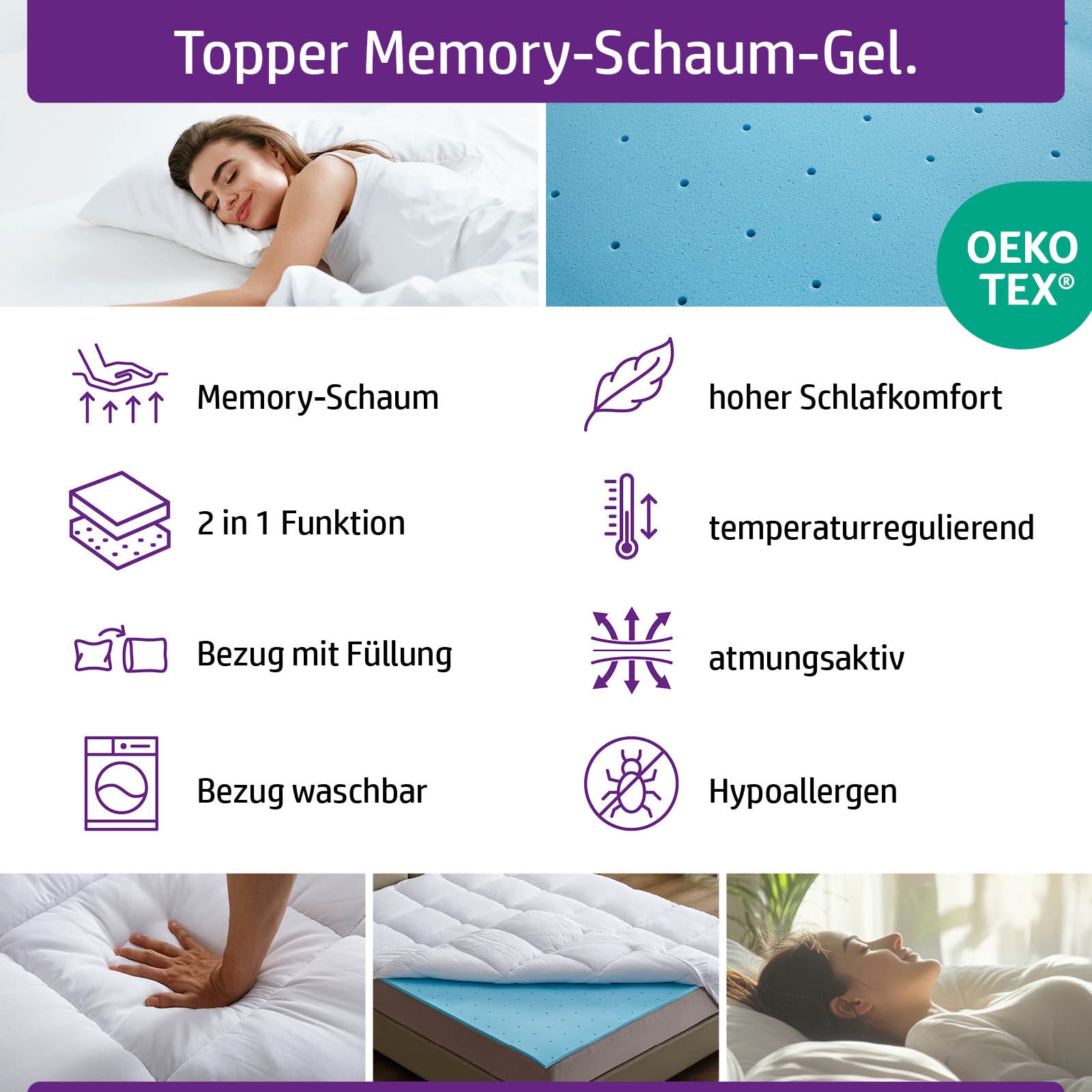 Weißer Matratzen Topper aus Gelschaum, 7 cm dick, atmungsaktiv und temperaturregulierend, 140x190 cm Bett Topper.