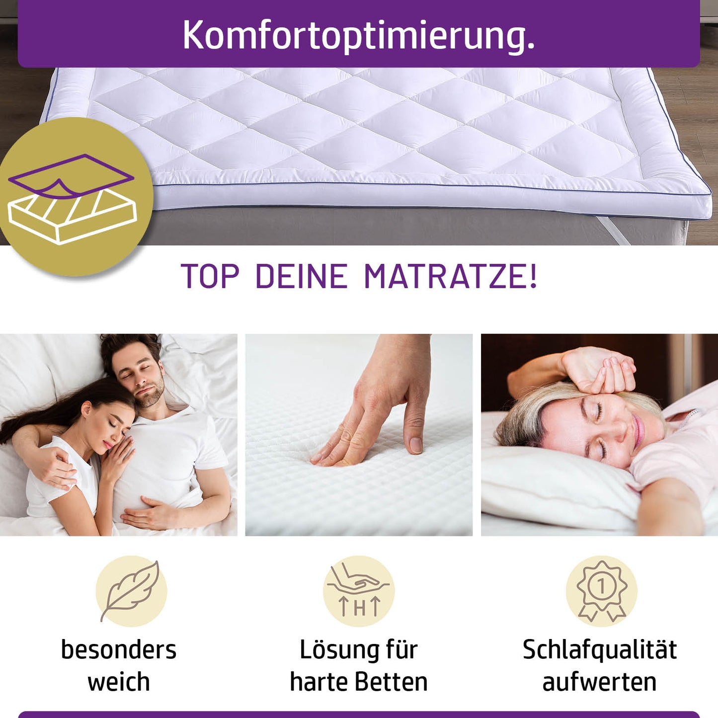 Weißer Matratzentopper mit gesteppter Oberfläche, 7 cm dick, als weicher Bett Topper für optimierten Schlafkomfort.