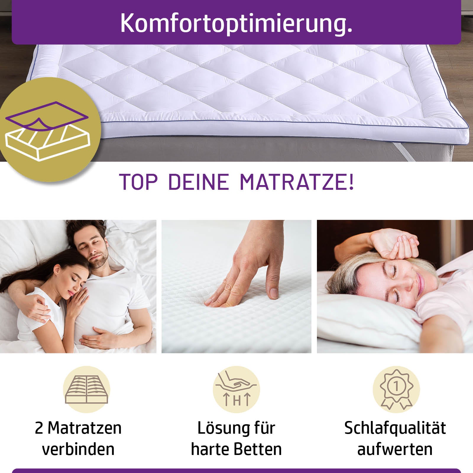 Weißer Matratzentopper mit gesteppter Oberfläche, 7 cm dick, als Matratzen Topping für mehr Komfort und bessere.