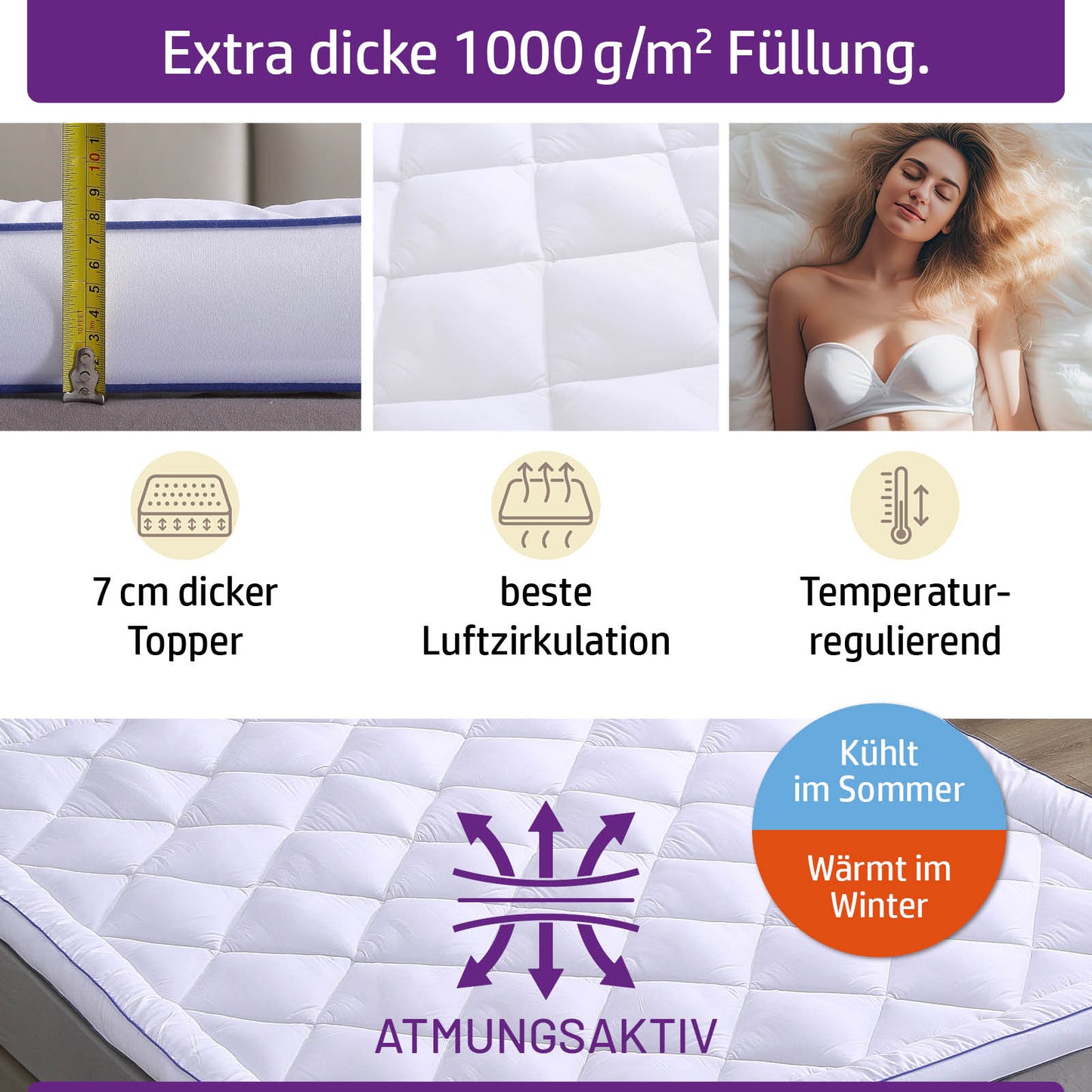Weiße, gesteppte Matratzentopper 7 cm dick, atmungsaktiv, temperaturregulierend, bett topper 160x200.