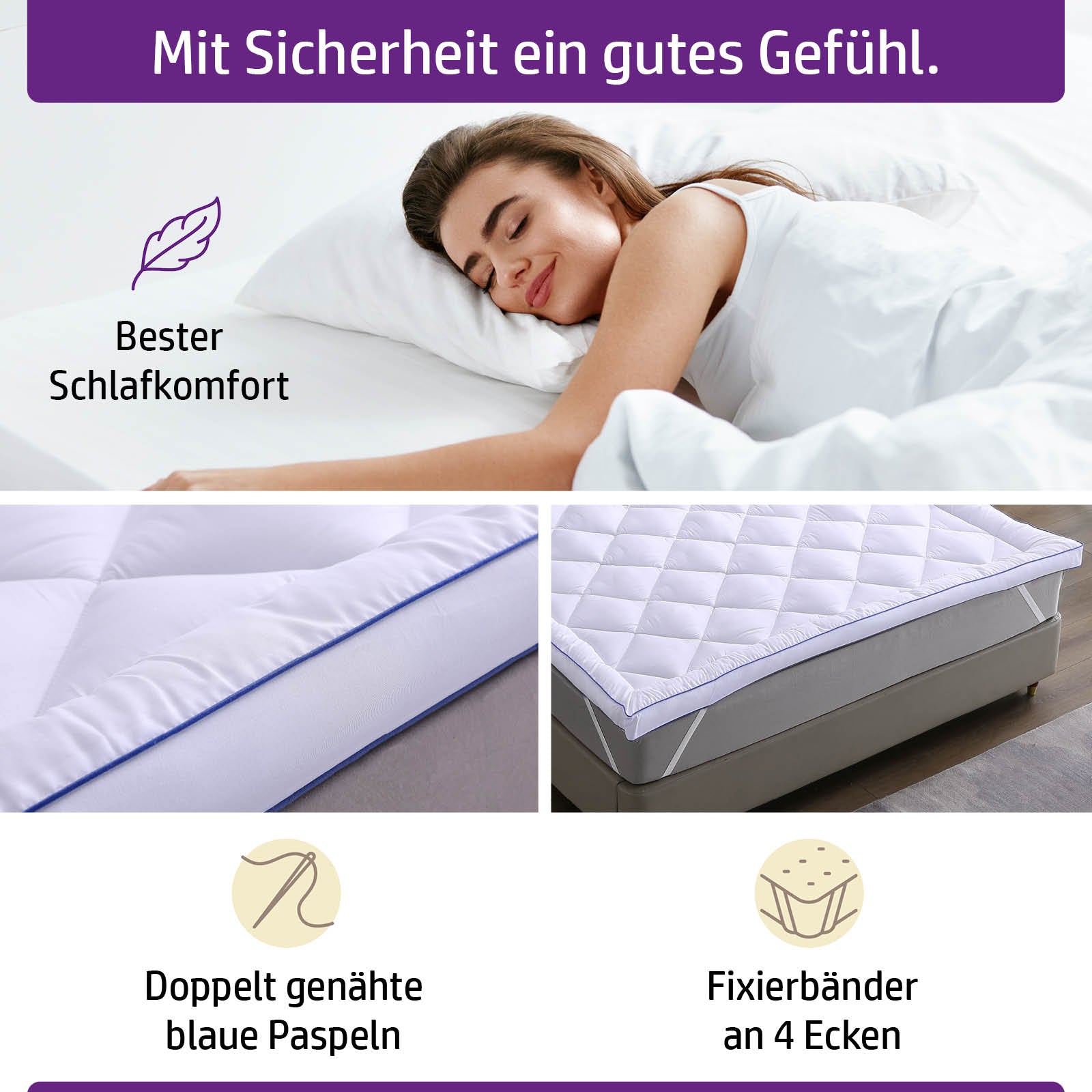 Weißer 7 cm hoher Matratzen Topper mit doppelt genähten blauen Paspeln, rutschfesten Fixierbändern und gesteppter.