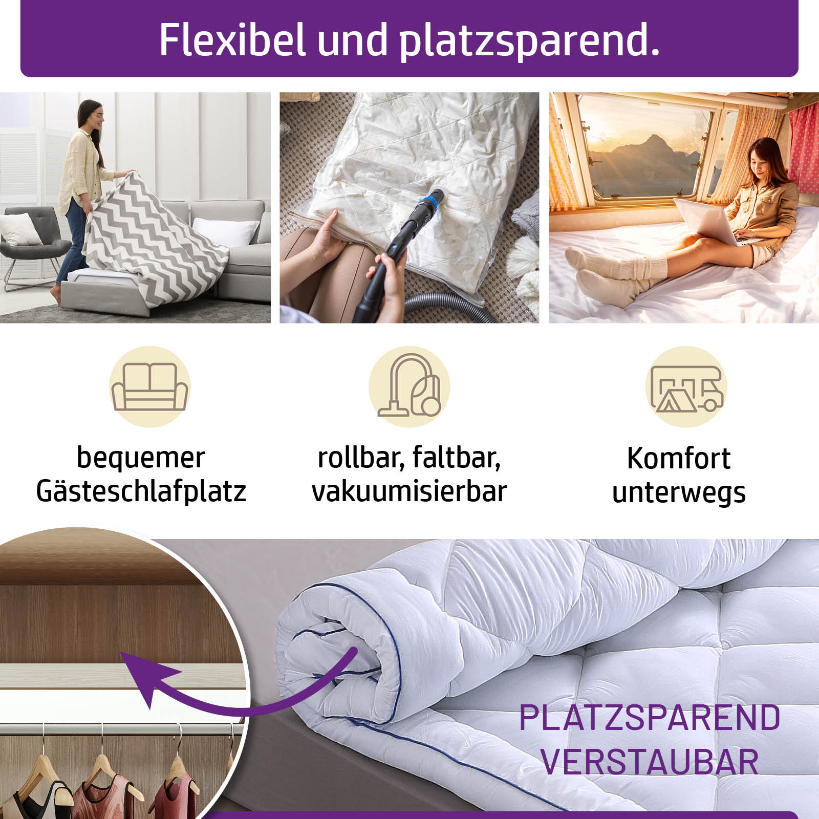 Flexibler weißer Matratzentopper 7 cm dick, platzsparend, rollbar und faltbar, ideal als Bett Topper oder Matratzen Topping.