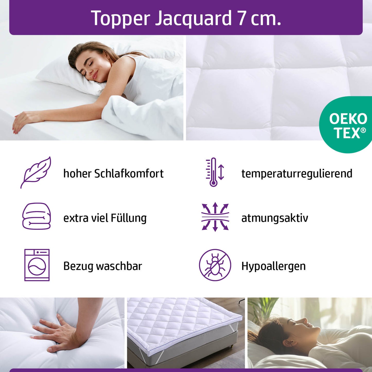 Weißer Matratzentopper mit gesteppter Oberfläche, 7 cm hoch, atmungsaktiv und temperaturregulierend, ideal als Bett Topper.