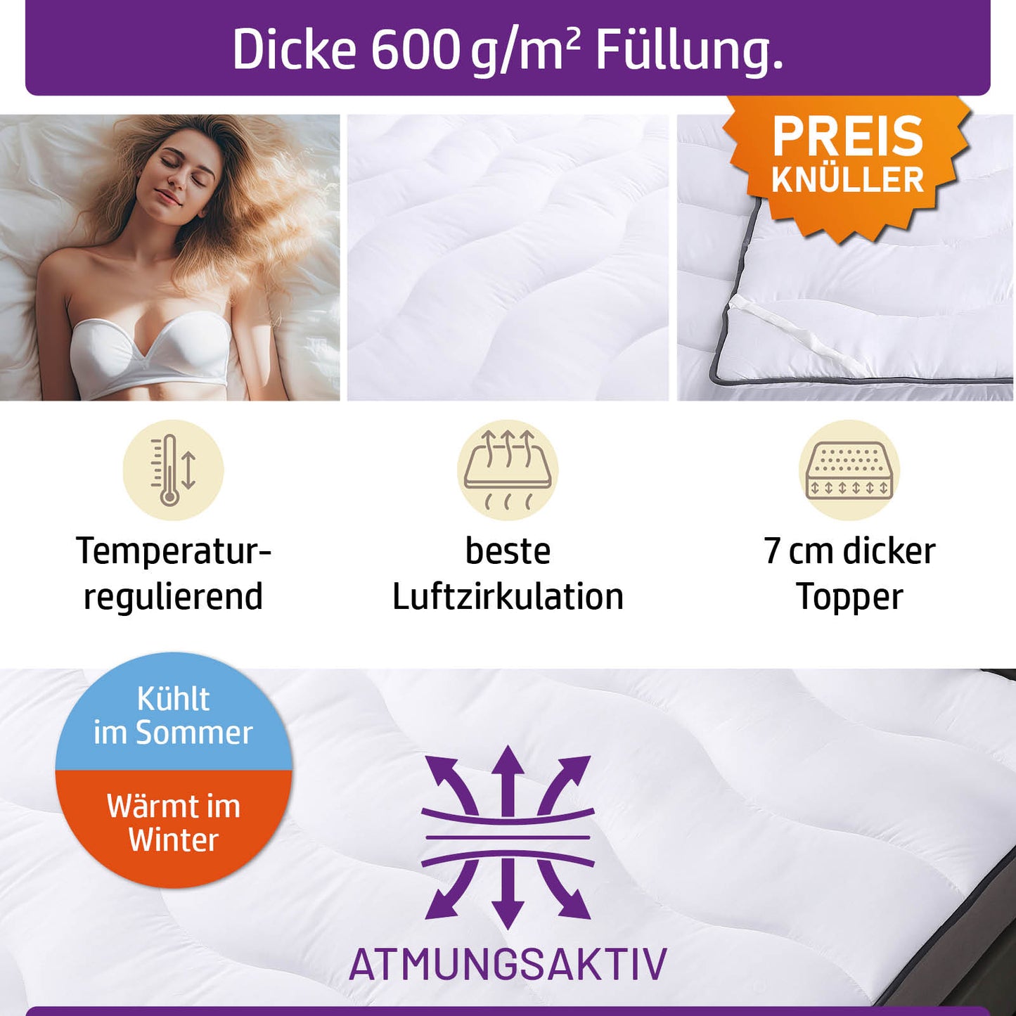 Weißer Matratzen Topper 7 cm dick mit atmungsaktivem, temperaturregulierendem Steppmuster.