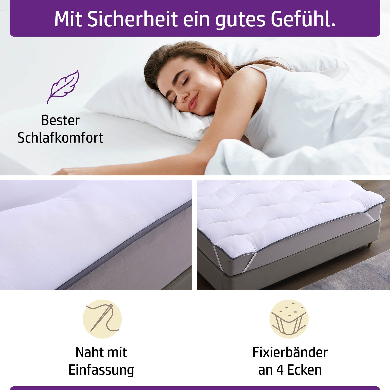 Weißer Matratzentopper WOLKE 7cm mit Steppung und Fixierbändern, Bett Topper 140x200.