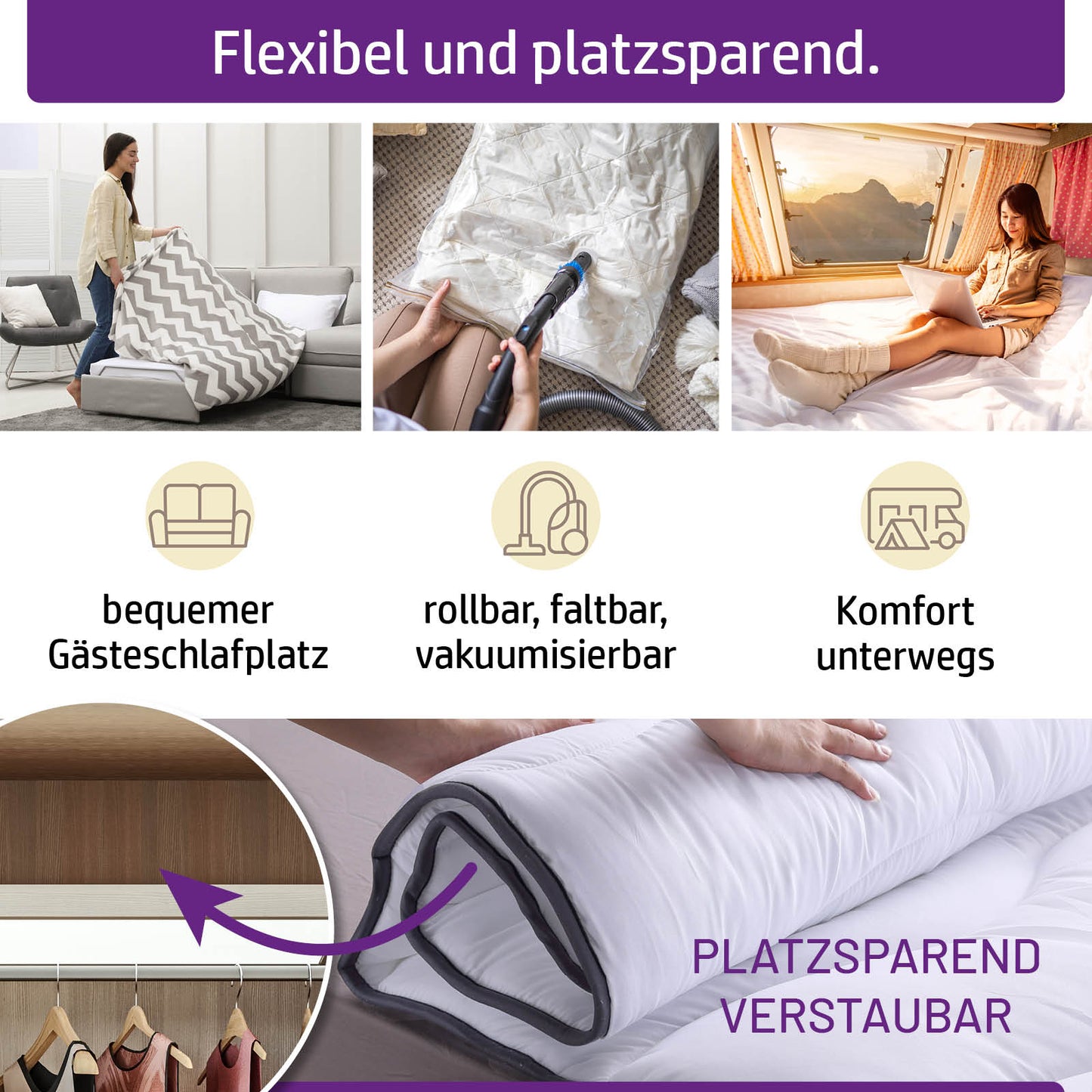 Weißer 7cm dicker Matratzen Topper 140x200 mit lilafarbenem Rand, platzsparend rollbar und faltbar.
