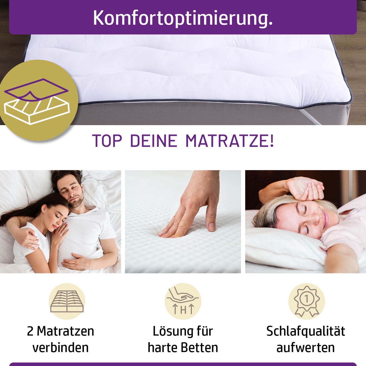 Weißer Matratzentopper 7cm dick, weiche Oberfläche, idealer Matratzen Topper für besseren Schlaf.