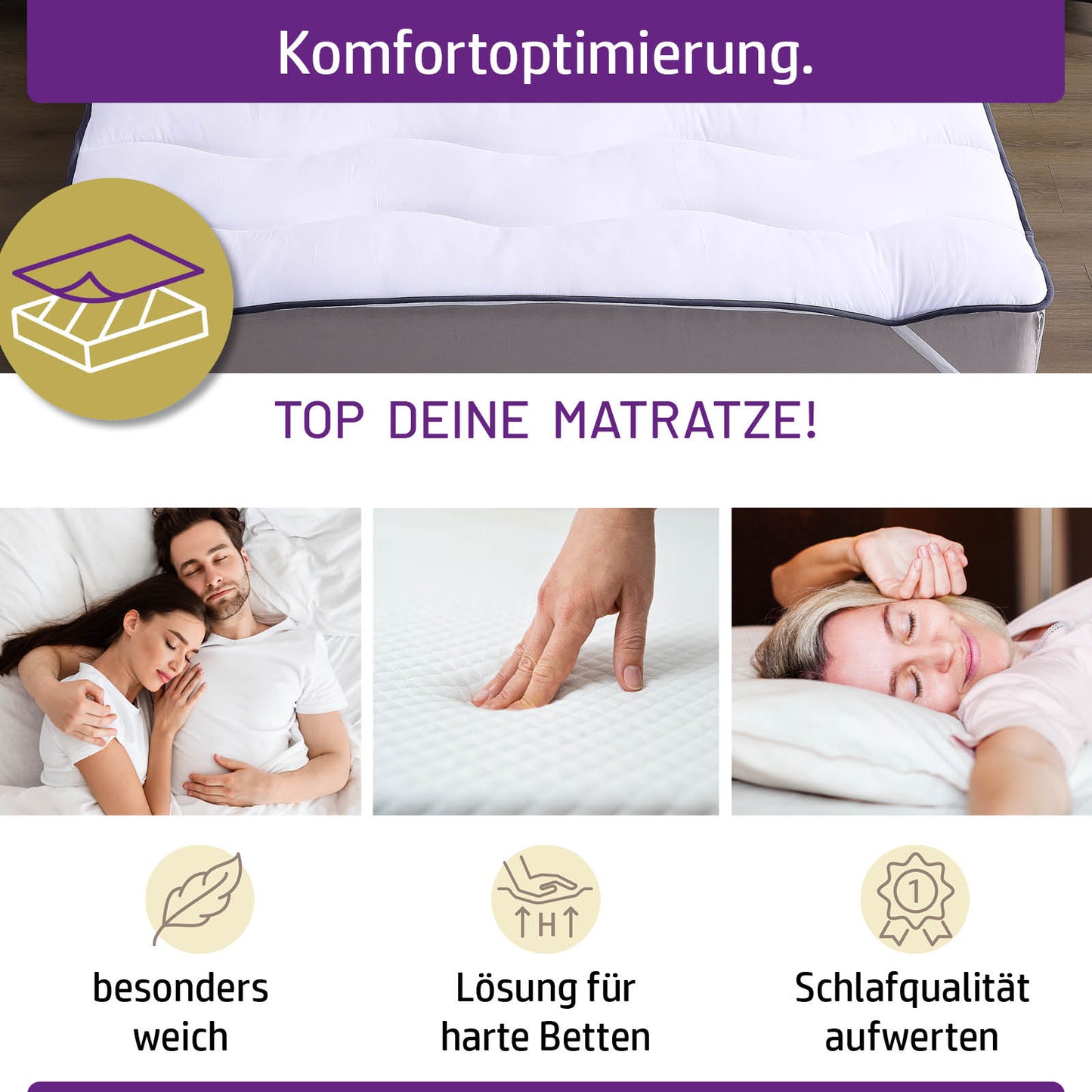Weißer 7cm Matratzentopper mit gesteppter Oberfläche, atmungsaktiver Bett Topper für 80x200 Matratzen.