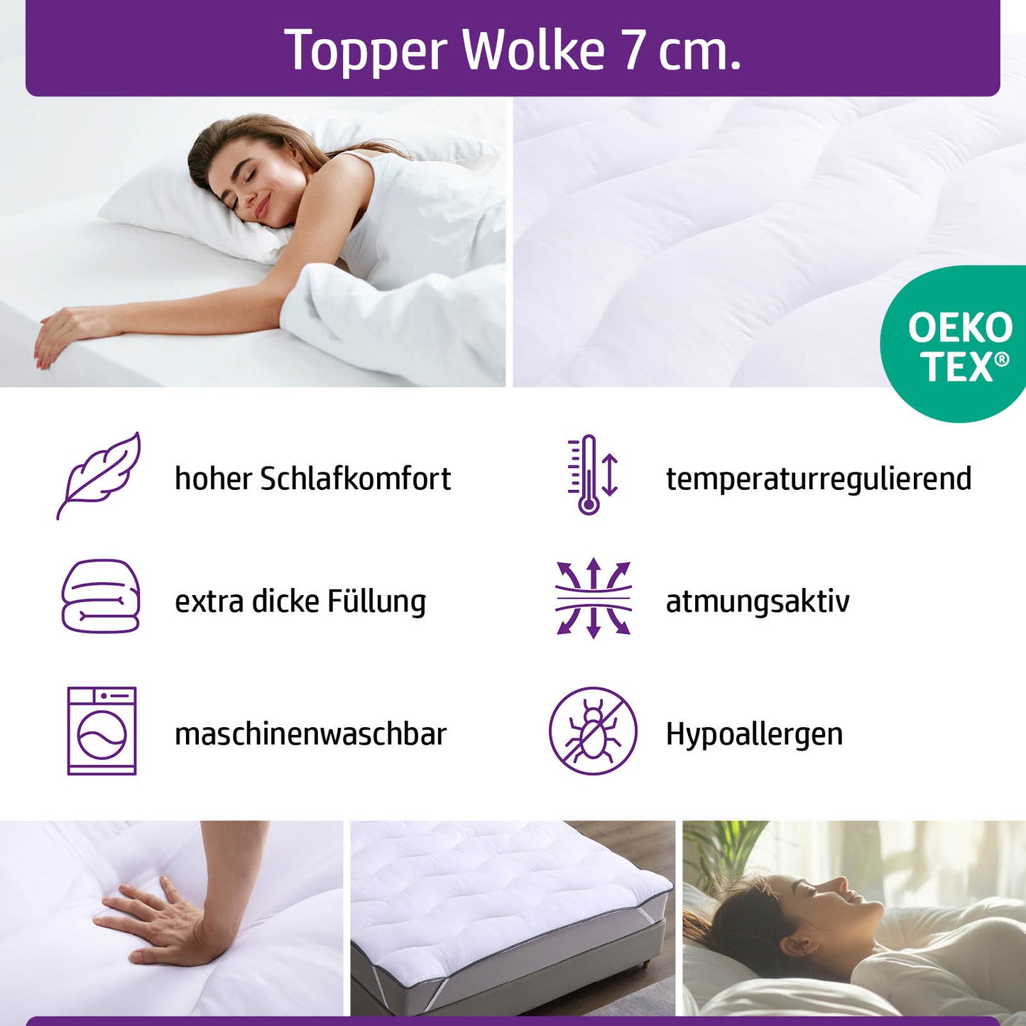 Weißer Matratzentopper Wolke 7 cm mit Steppmuster, atmungsaktiv und temperaturregulierend.