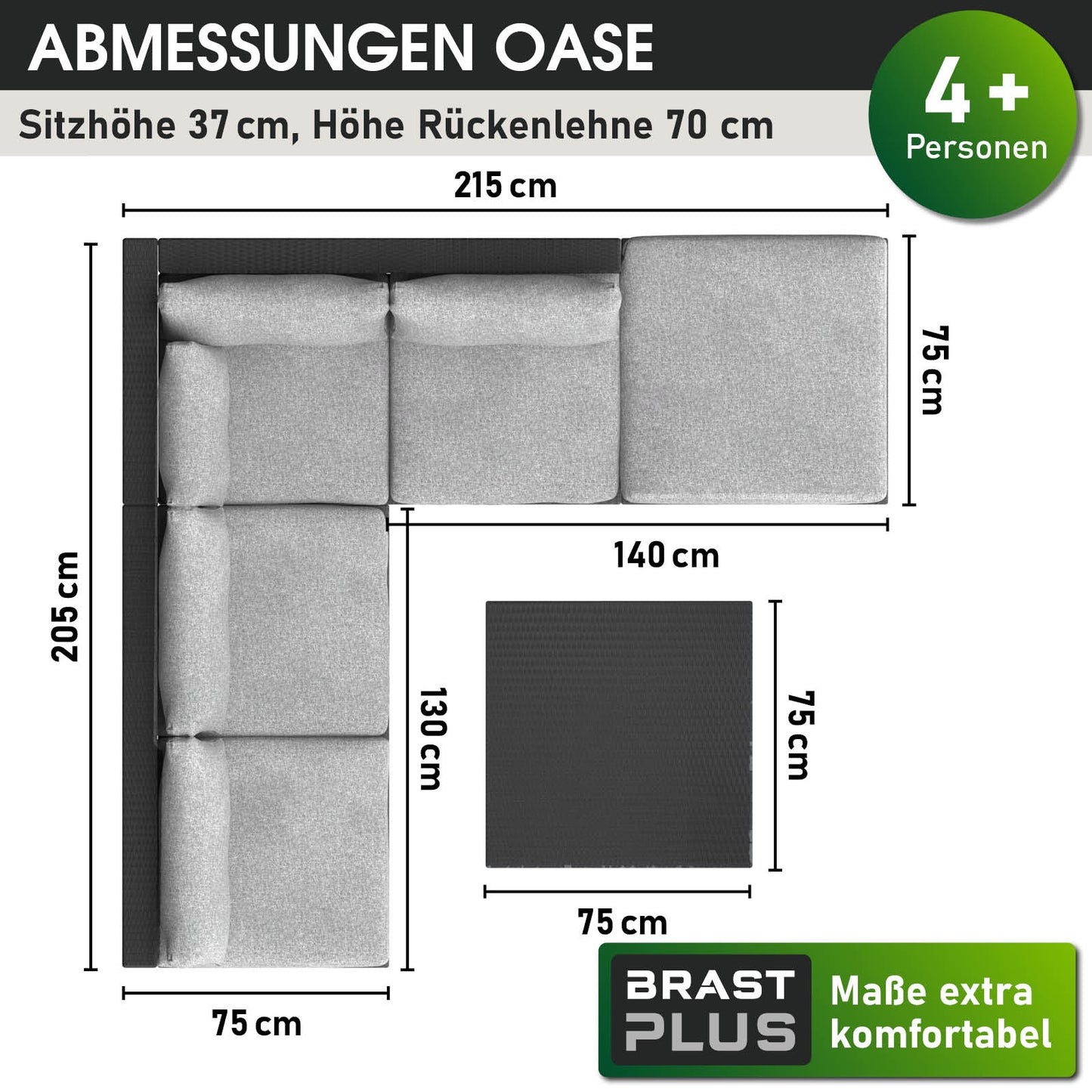 Schwarzes Polyrattan Loungemöbel Set mit L-Form und quadratischem Tisch, Garten Lounge Möbel.