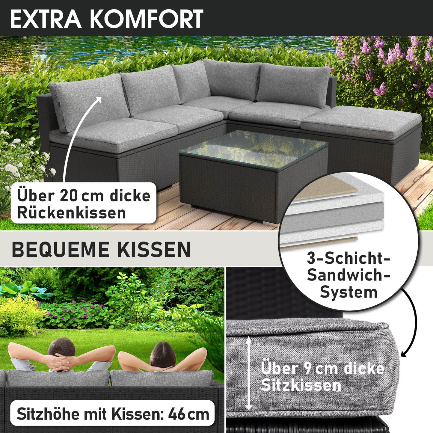 Schwarzes Polyrattan Loungemöbel Set mit grauen, extra dicken Sitz- und Rückenkissen, Garten Lounge Möbel.