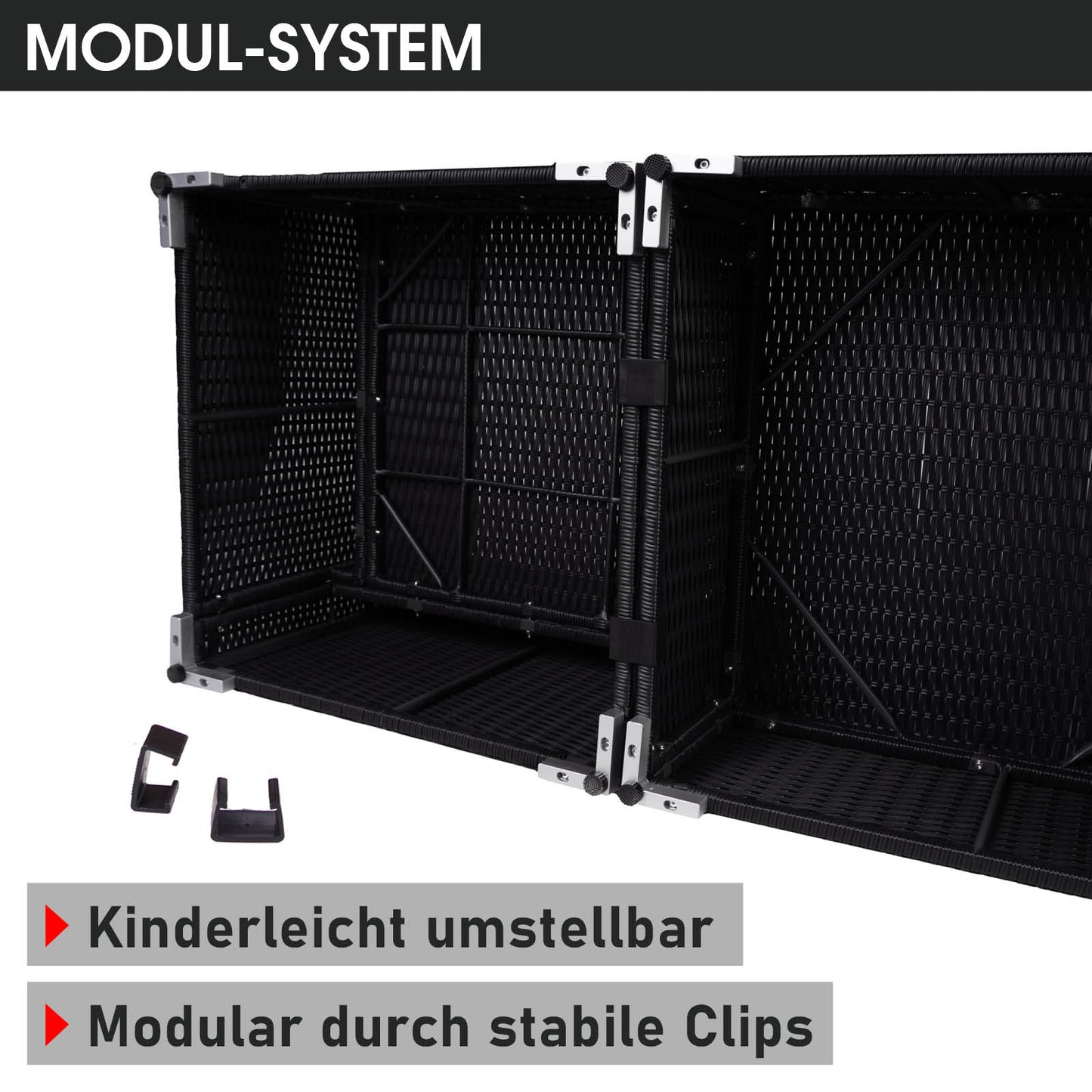 Schwarzes Polyrattan Loungemöbel Set mit modularen Clips als Garten Lounge Möbel.