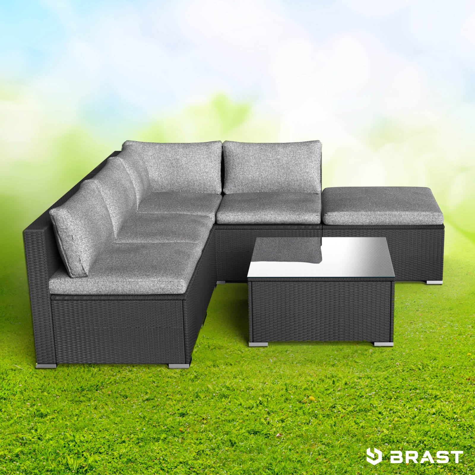 Schwarzes Polyrattan Lounge Gartenset mit grauen Polstern, Rattan Lounge Loungemöbel Set für Garten.