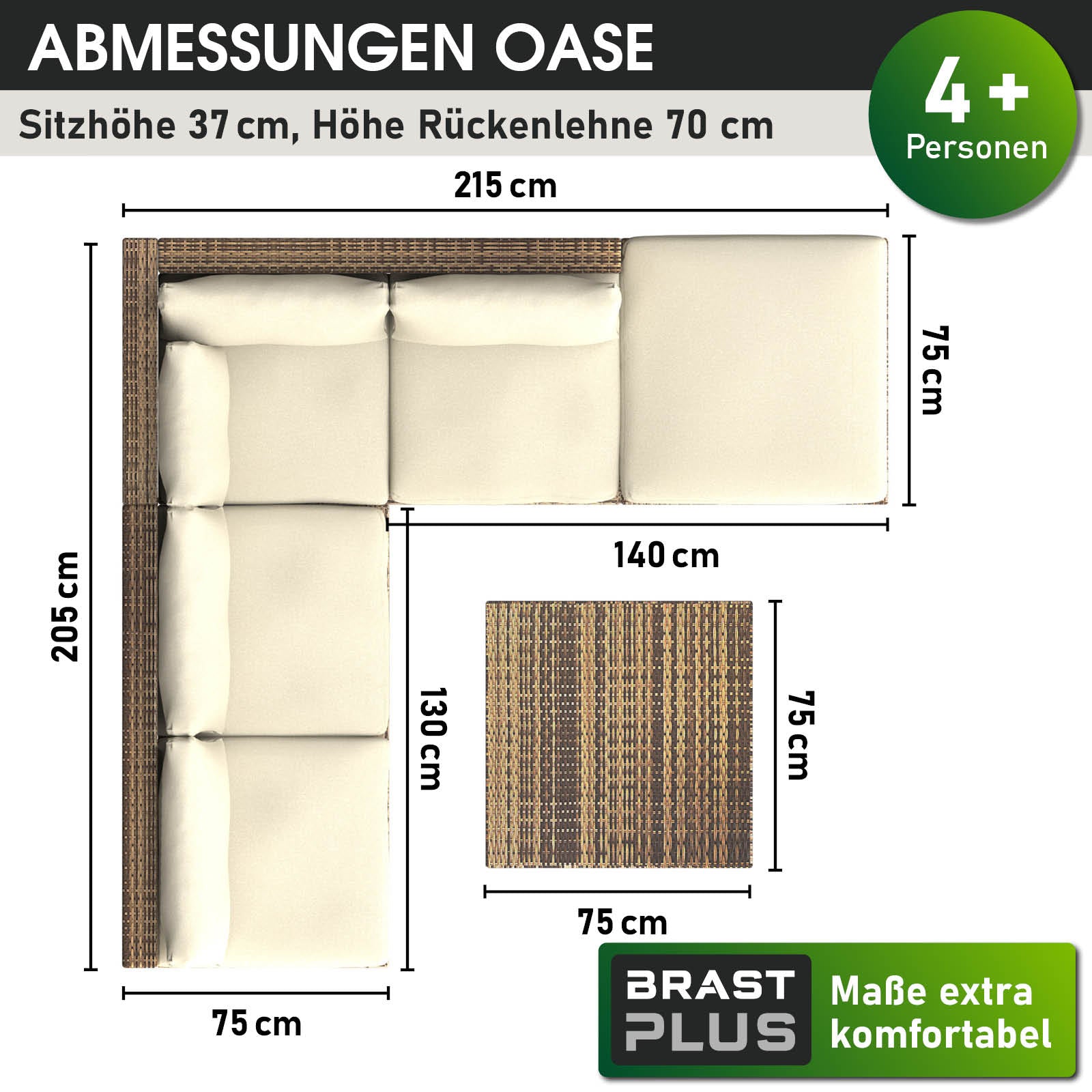 Braunes Polyrattan Loungemöbel Set mit L-förmiger Lounge Gartenmöbel und passendem Rattan Lounge Tisch.