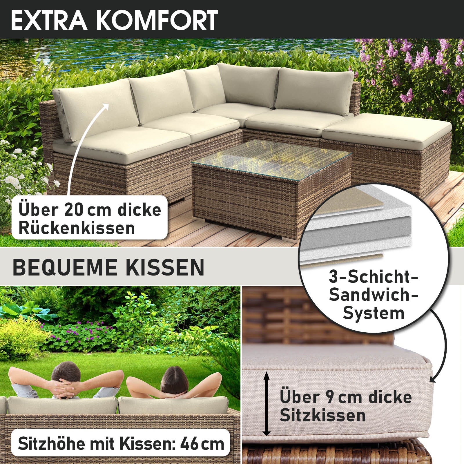 Braunes Polyrattan Lounge Gartenmöbel Set mit dicken cremefarbenen Kissen und Glassplatte.