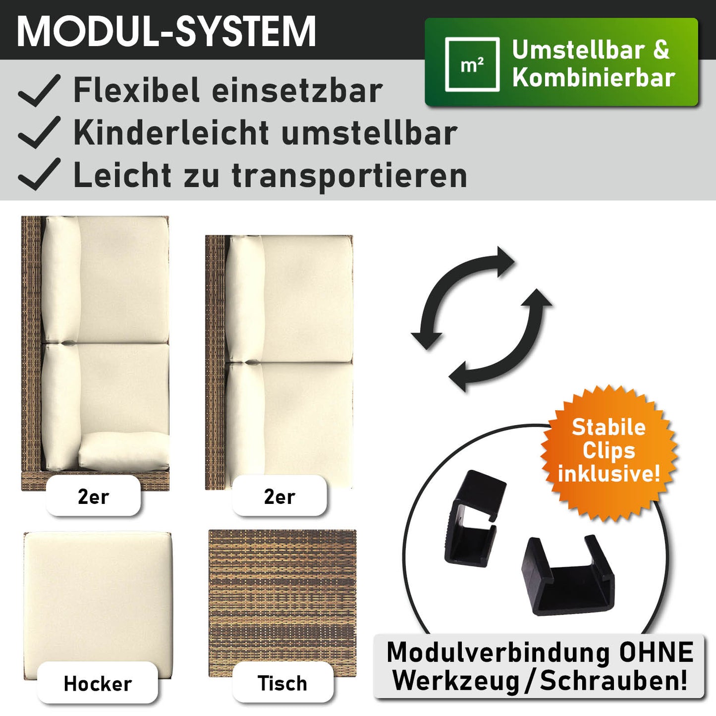 Braunes Polyrattan Loungemöbel Set mit modularen, flexiblen 2er-Sesseln, Hocker und Tisch, Garten Lounge Möbel.