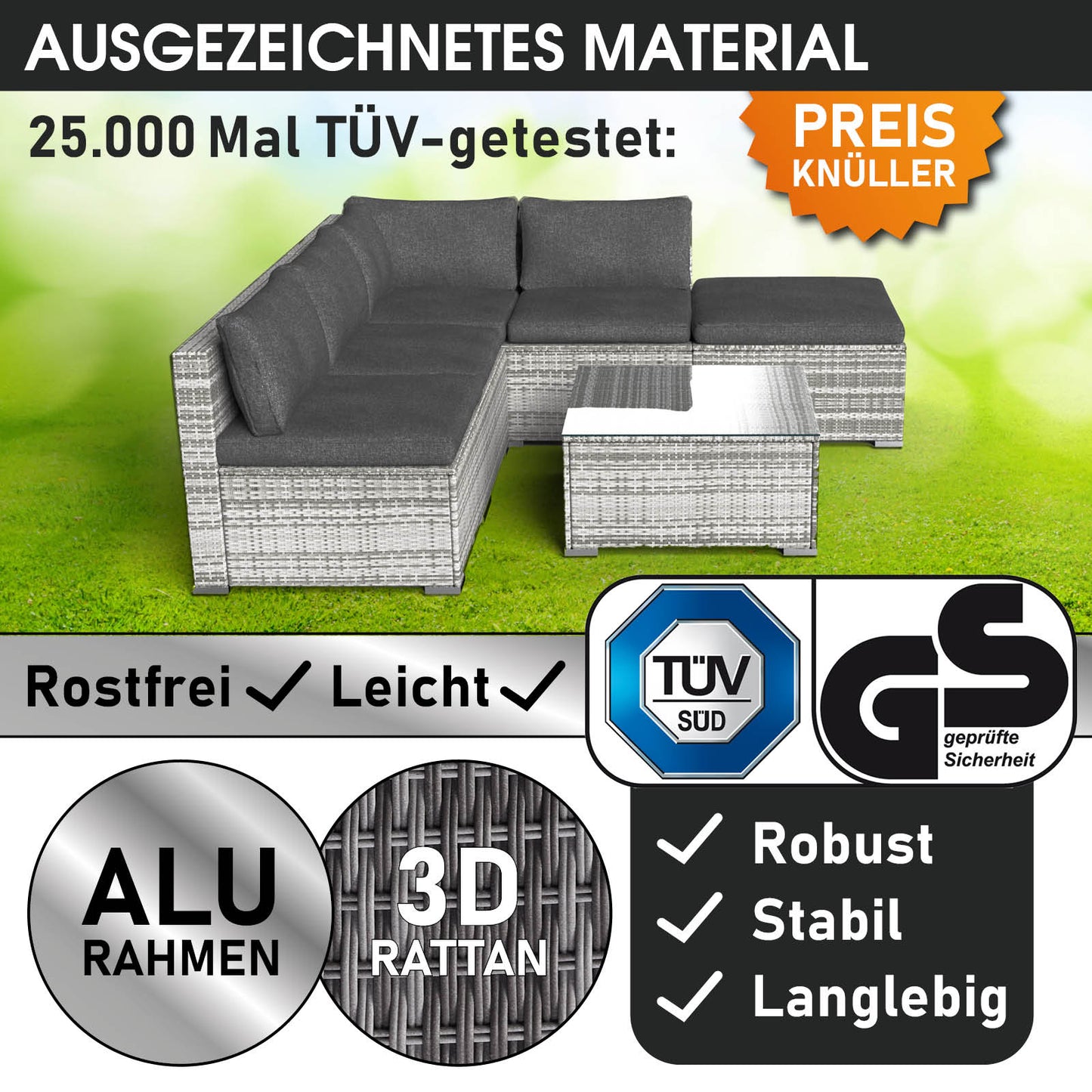 Graues Polyrattan Loungemöbel Set mit Alurahmen, modularer Garten Lounge Möbel, wetterfeste Rattan Lounge.