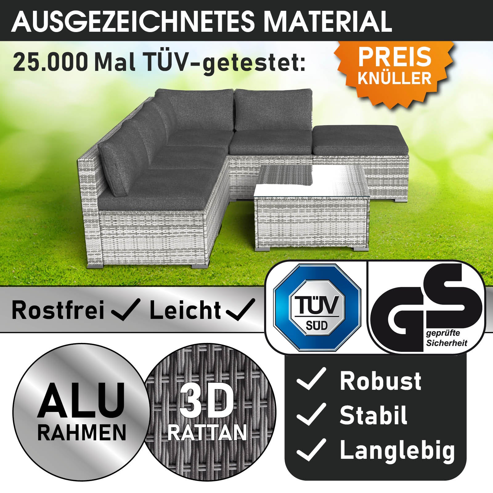 Graues Polyrattan Loungemöbel Set mit Alurahmen, modularer Garten Lounge Möbel, wetterfeste Rattan Lounge.