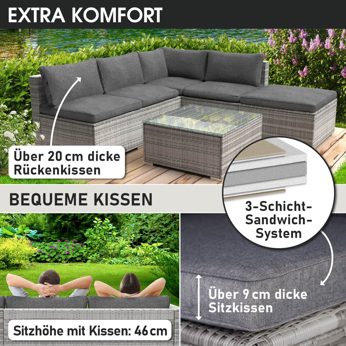 GRAUES Polyrattan Loungemöbel Set mit dick gepolsterten Sitz- und Rückenkissen für komfortable Garten Lounge Möbel.
