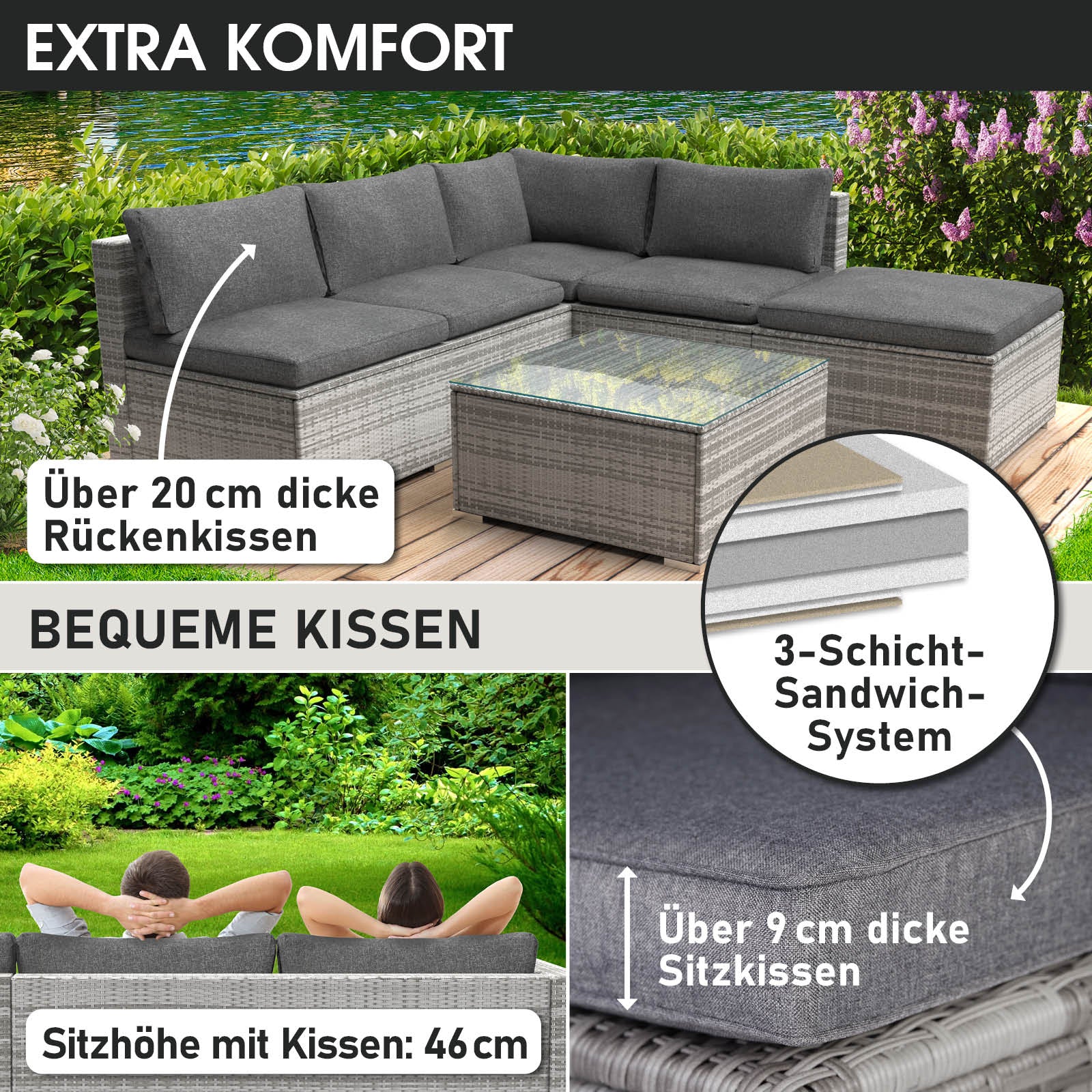 GRAUES Polyrattan Loungemöbel Set mit dick gepolsterten Sitz- und Rückenkissen für komfortable Garten Lounge Möbel.