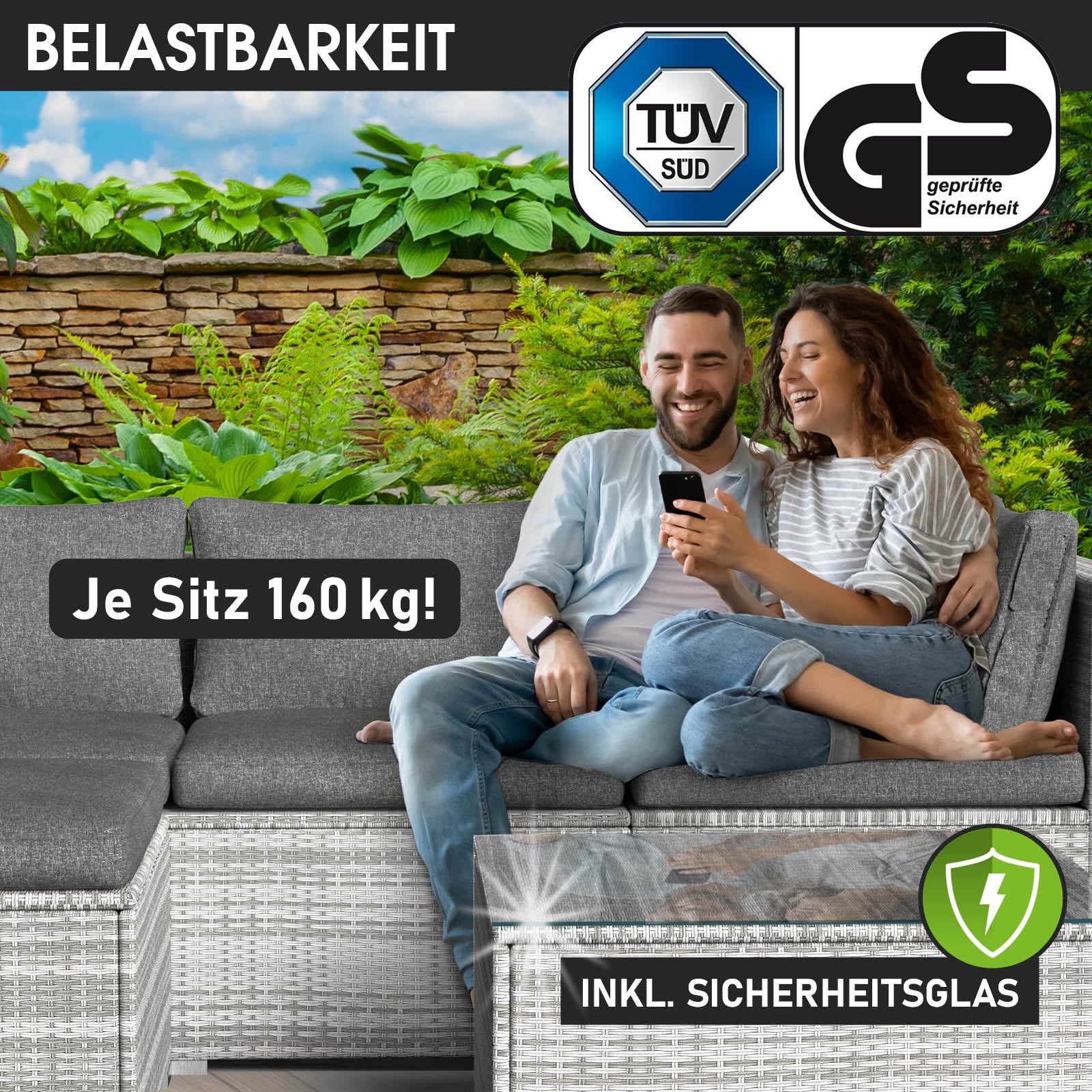 Graues Polyrattan Loungemöbel Set mit grauen Polstern und Sicherheitsglas, Garten Lounge Möbel.
