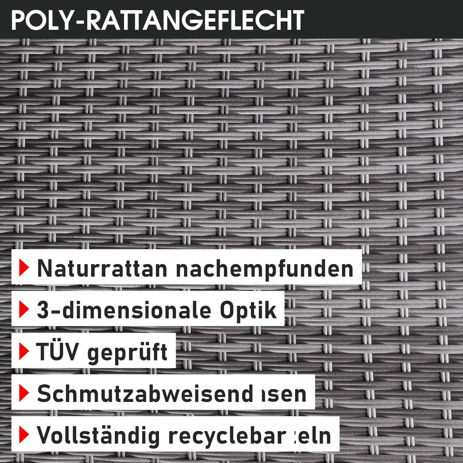 Graues Polyrattan Lounge Gartenmöbel-Set mit 3D-Rattanmuster, schmutzabweisend und recyclebar.