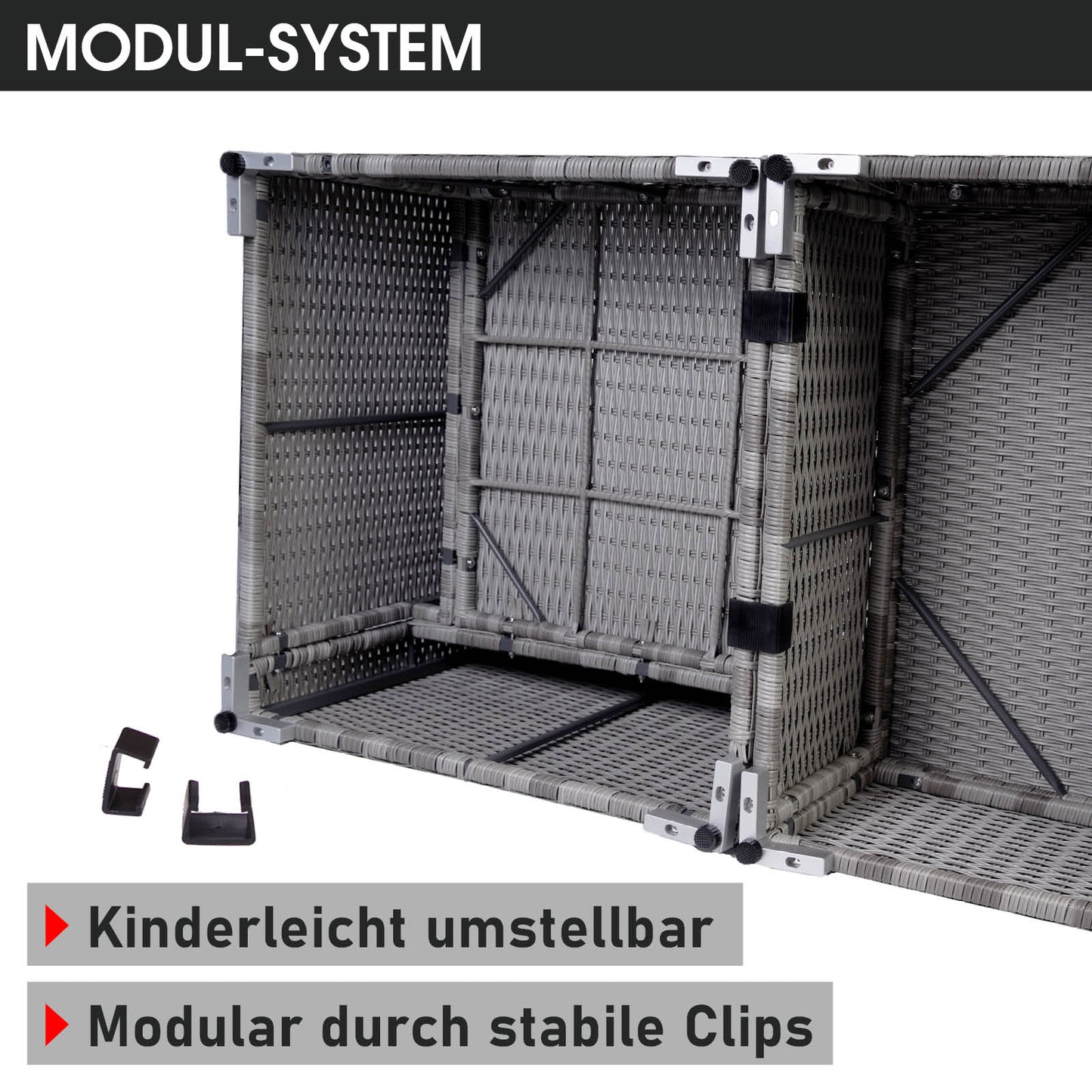Modulares graues Polyrattan Loungemöbel Set mit stabilen Clips, ideal als Garten Lounge Möbel.