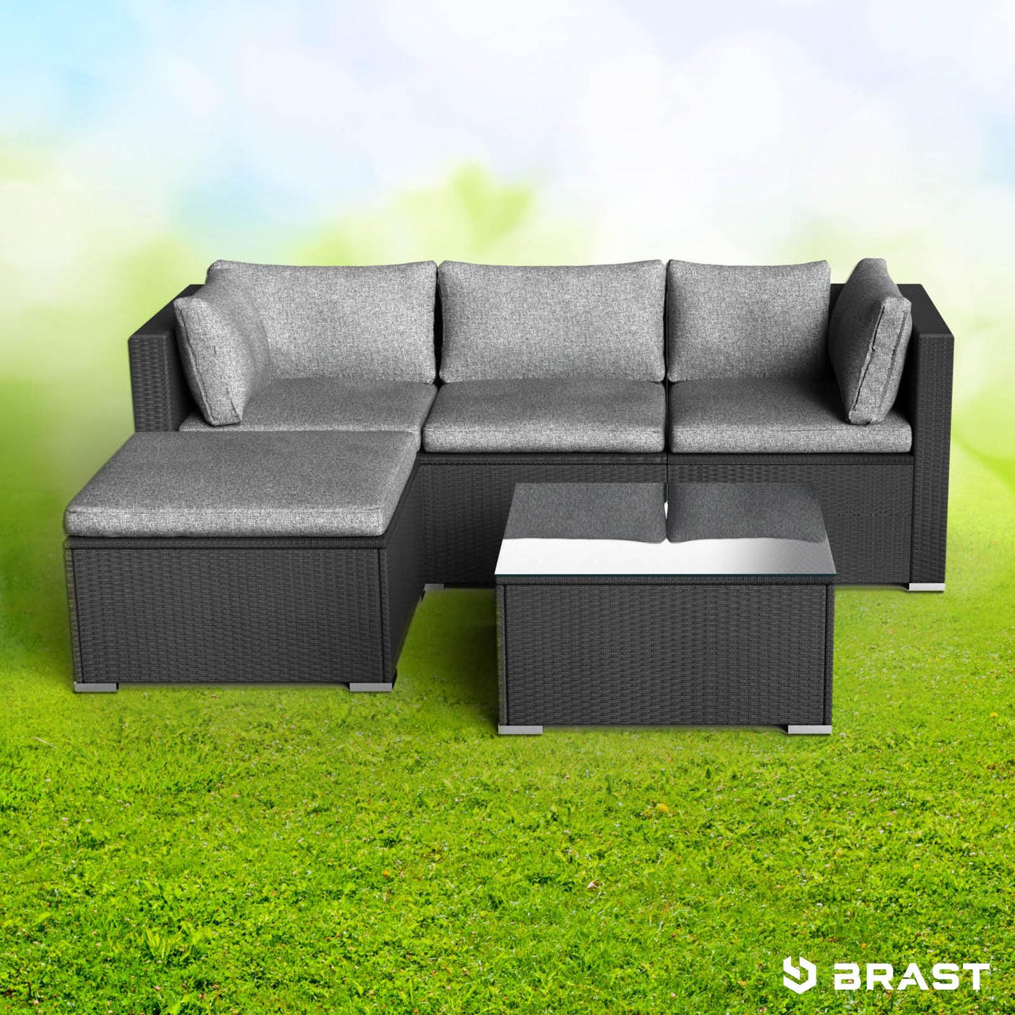 Schwarzes Polyrattan Loungemöbel Set mit grauen Kissen, L-Form Garten Lounge Möbel, Rattan Lounge für draußen.