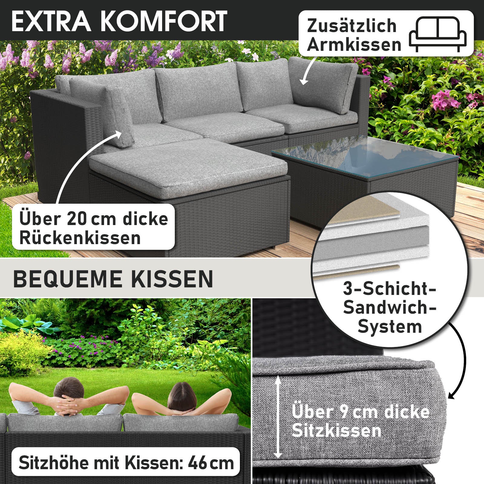 Schwarzes Polyrattan Lounge Gartenmöbel Set mit dicken grauen Sitz- und Rückenkissen, modern und bequem.