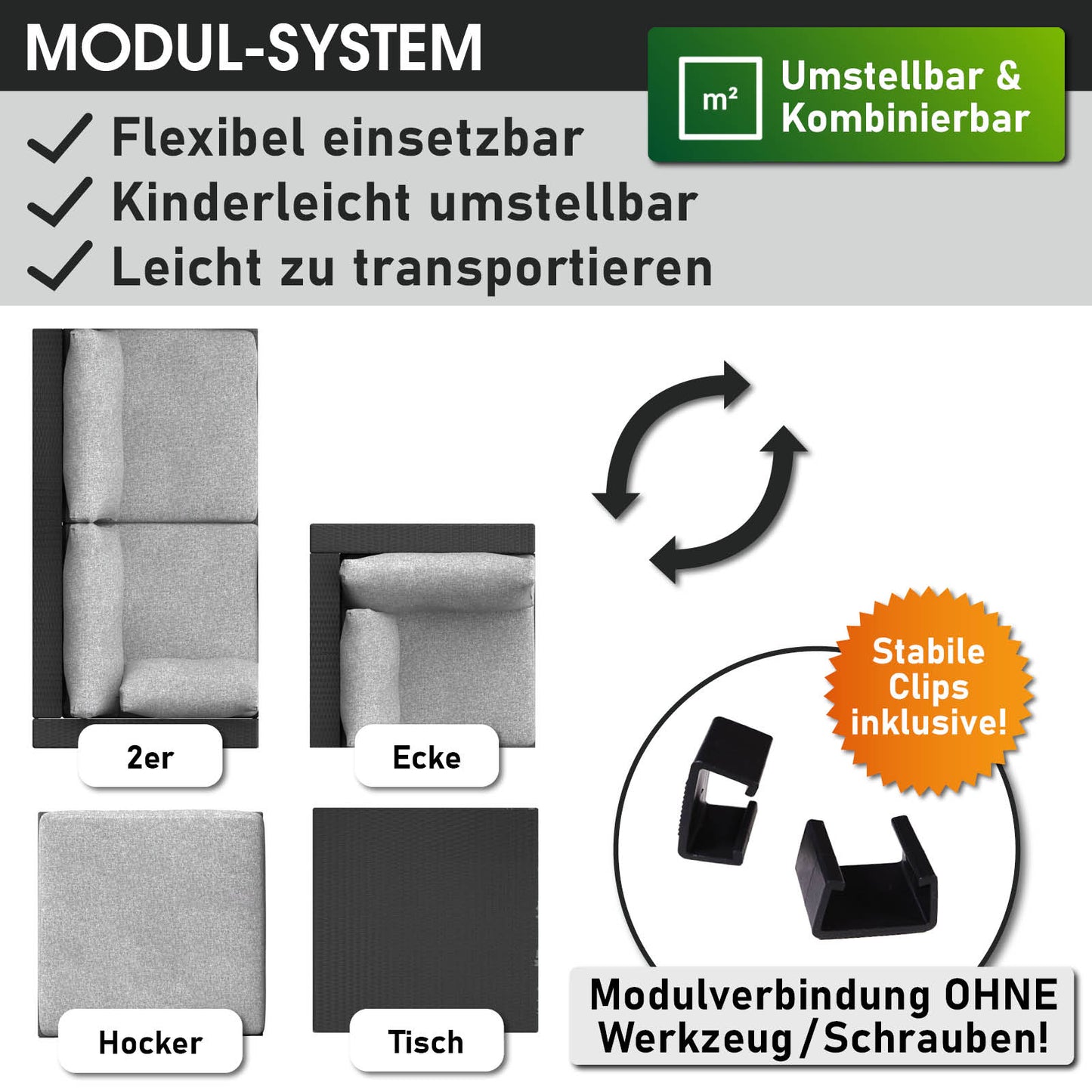 Modulsystem für loungemöbel set aus schwarzem Polyrattan mit flexiblen, kombinierbaren Garten lounge möbeln und stabilen.