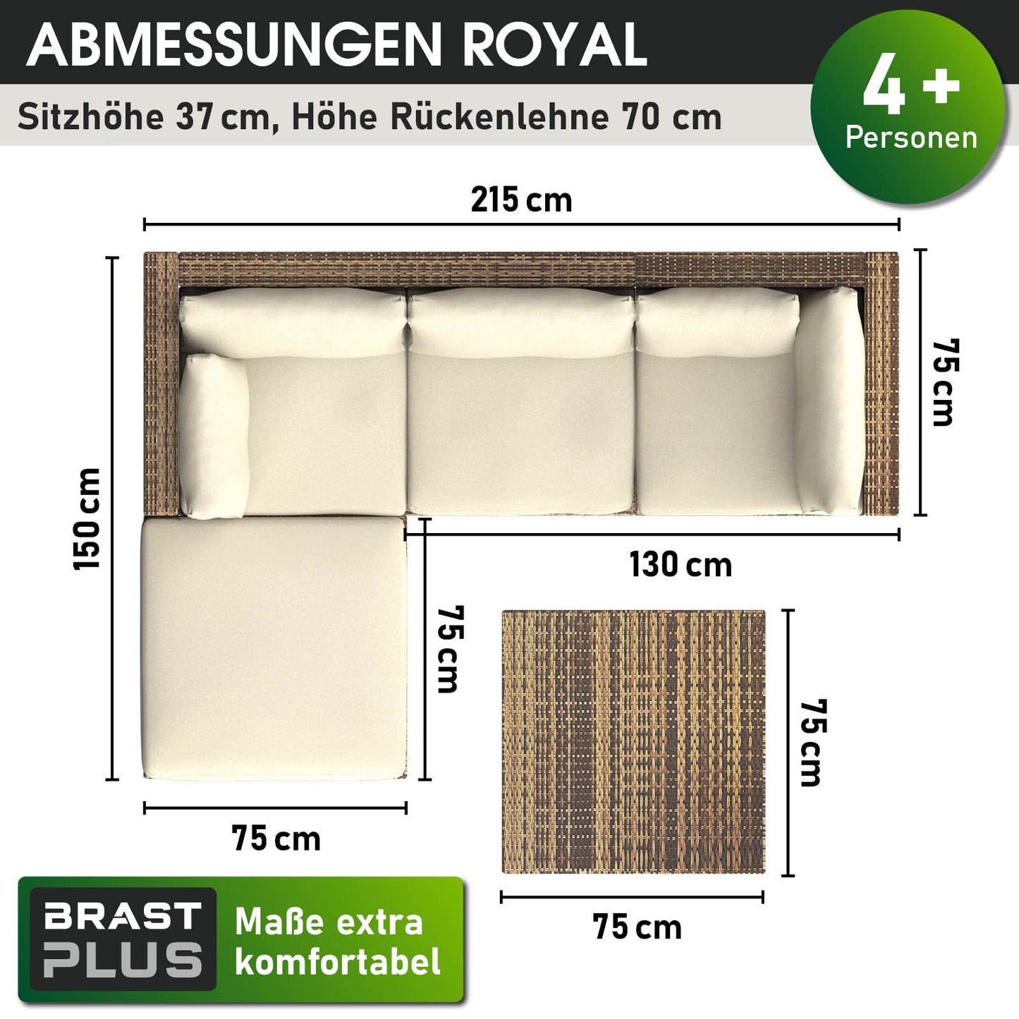 Braunes Polyrattan Lounge Gartenmöbel Set, L-förmige Loungemöbel mit cremefarbenen Polstern für 4+ Personen.
