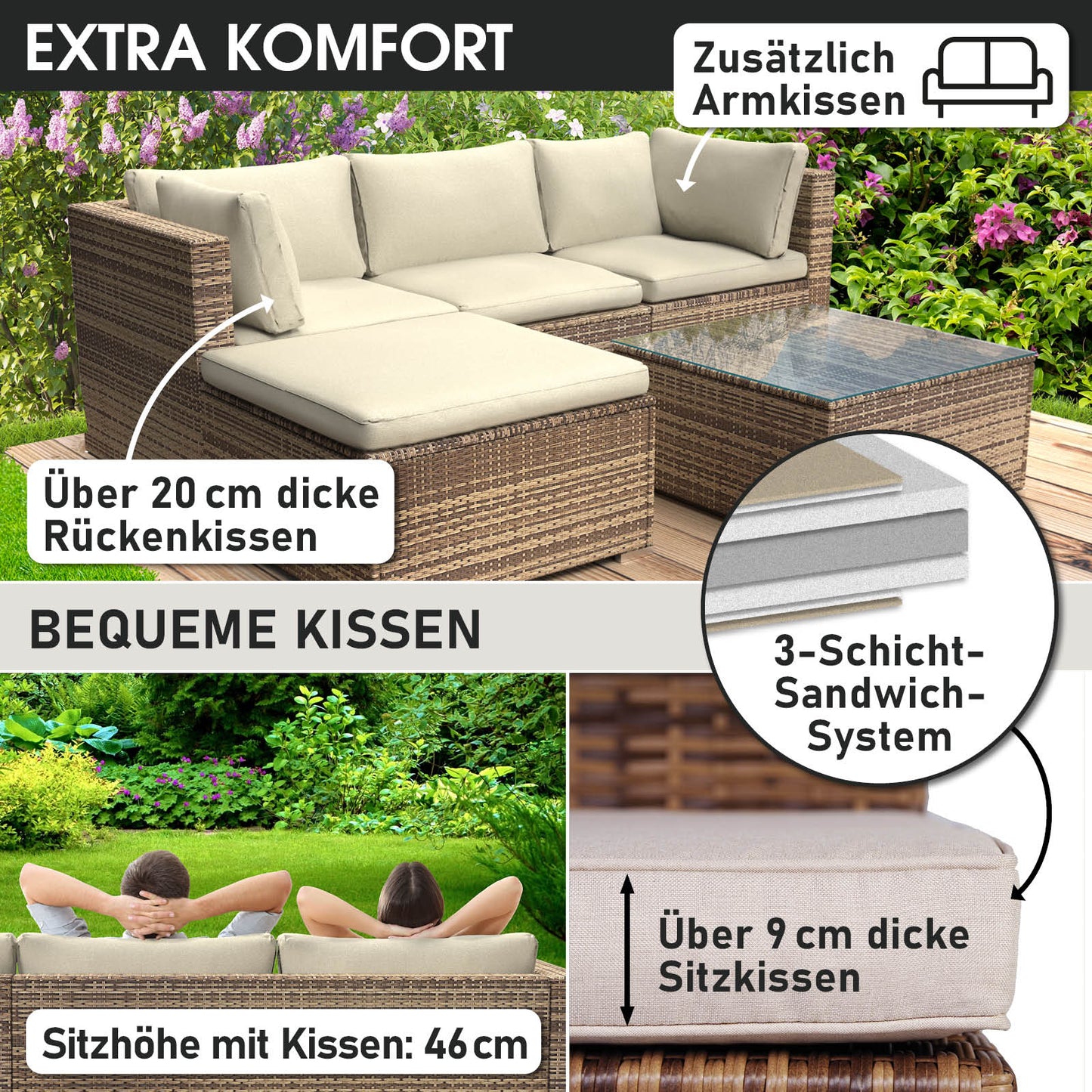 Braunes Polyrattan Lounge Gartenmöbel Set mit beigen, extra dicken Sitz- und Rückenkissen und Glas-Tischplatte.