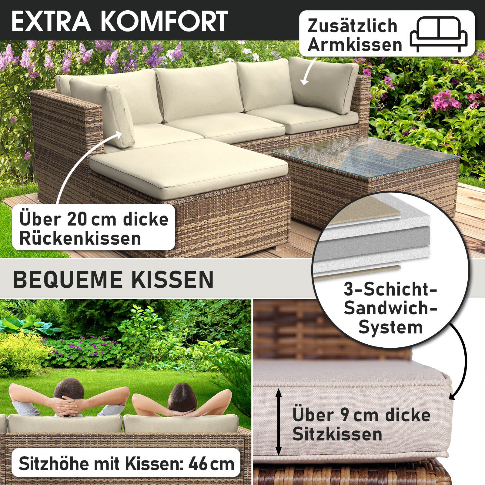 Braunes Polyrattan Lounge Gartenmöbel Set mit beigen, extra dicken Sitz- und Rückenkissen und Glas-Tischplatte.