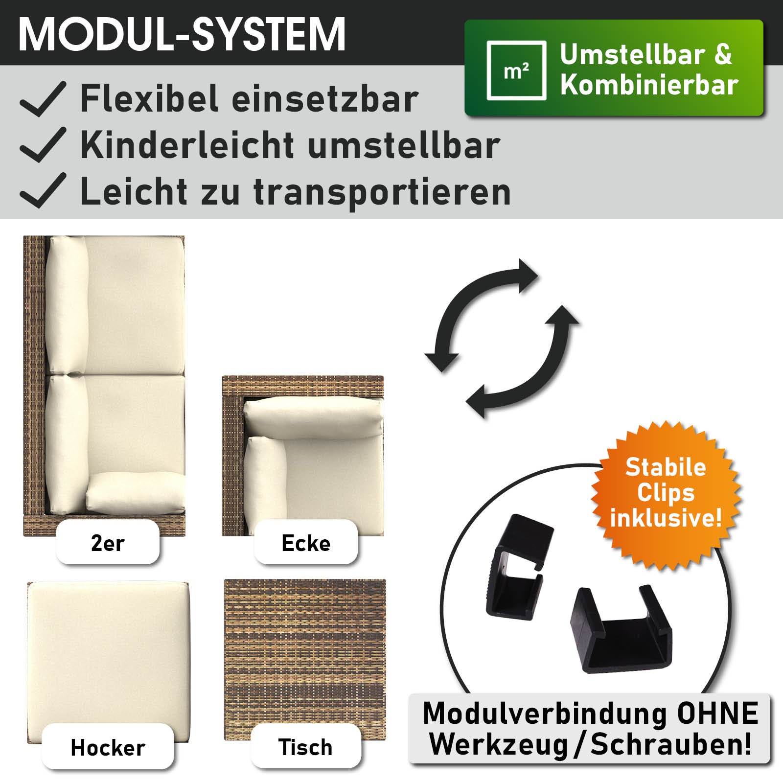 Braunes Polyrattan Lounge Möbel Set mit modularen Elementen, Ecksessel, 2-Sitzer, Hocker und Tisch, Garten Lounge Möbel.