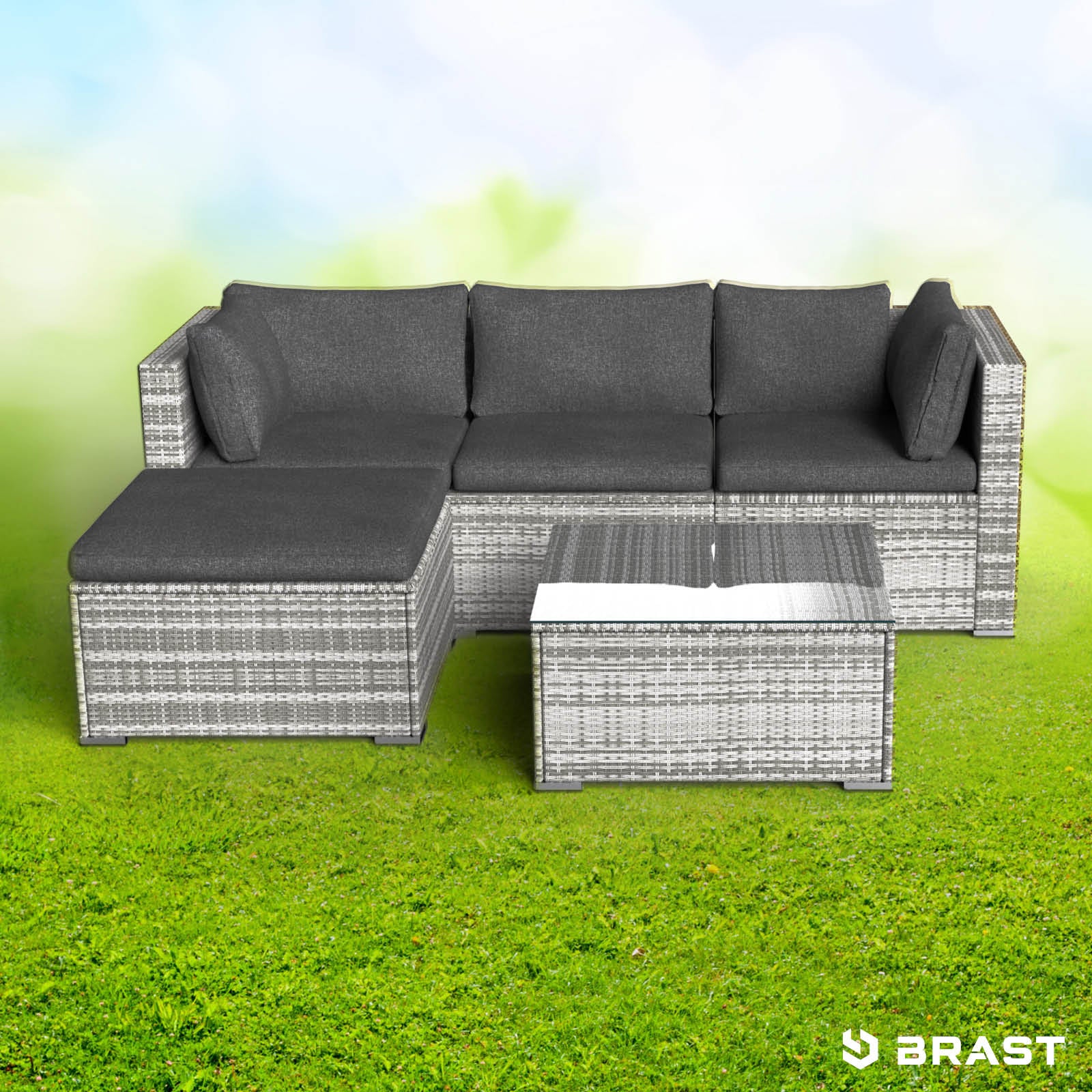 Grau-weißes Polyrattan Loungemöbel Set mit dunkelgrauen Kissen, Lounge Gartenmöbel für Terrasse und Balkon, modernes Garten.