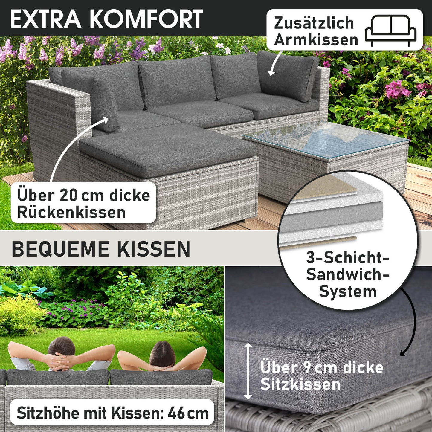 Graues Polyrattan Loungemöbel Set mit großzügigen Rücken- und Sitzkissen, Garten Lounge Möbel.