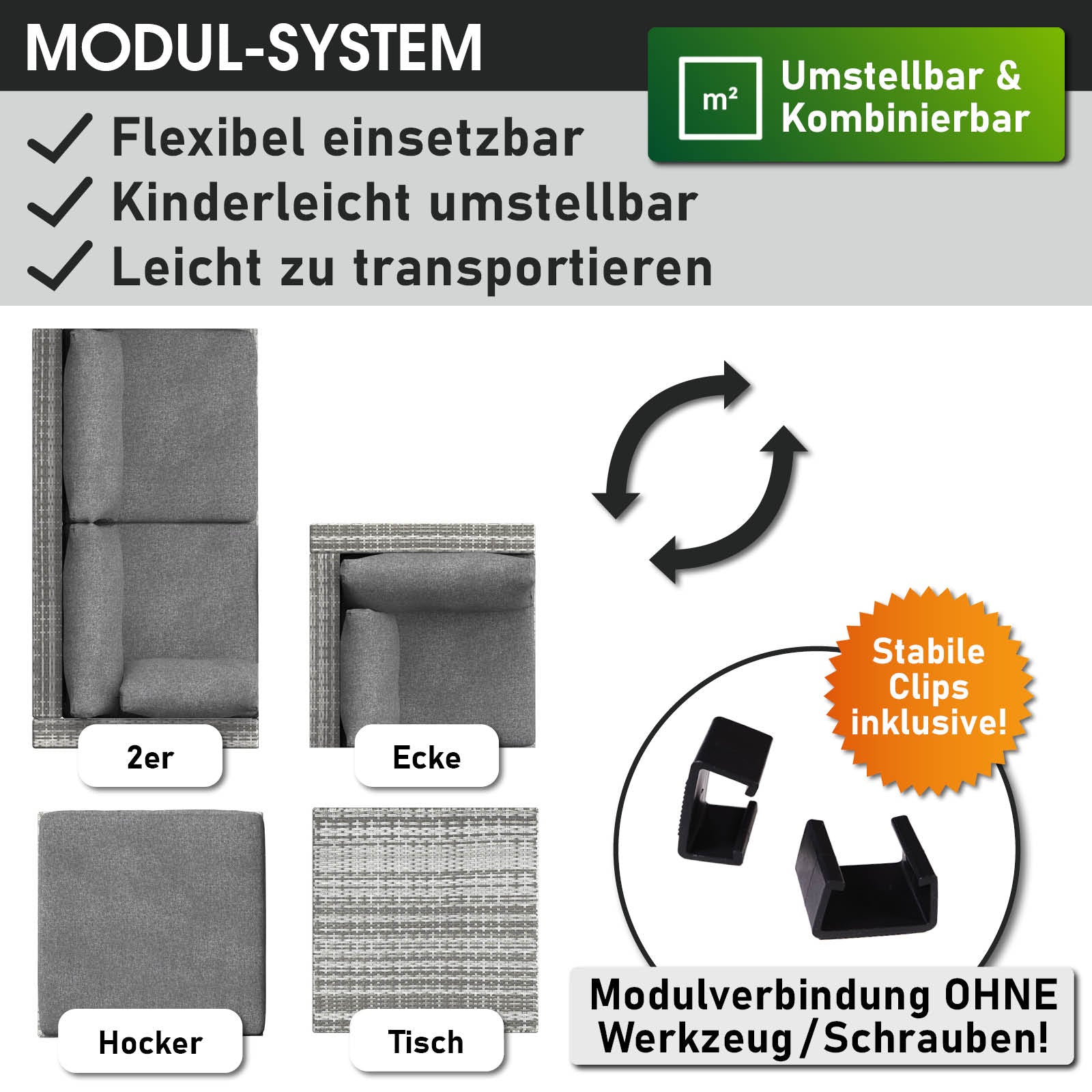 Grau meliertes Polyrattan Loungemöbel Set mit Ecksitz, Hocker und Tisch für Garten Lounge Möbel.